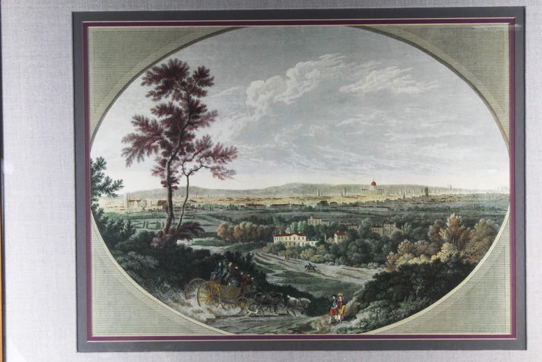 Antique Hand Colored Engraved Print of Carriage in the Countryside