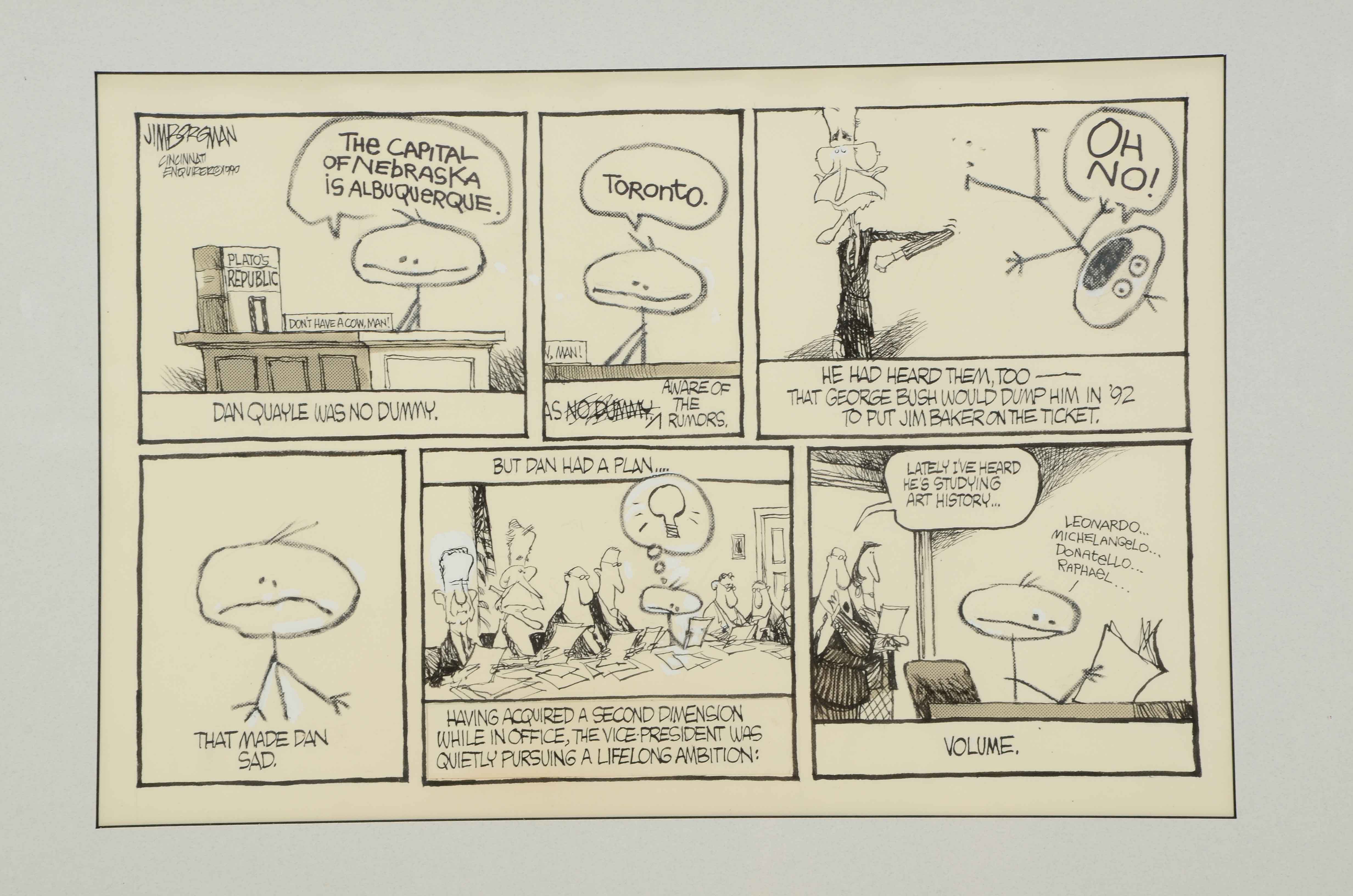 Jim Borgman Original 1990 Ink Cartoon Illustration Prototype for Cincinnati Enquirer