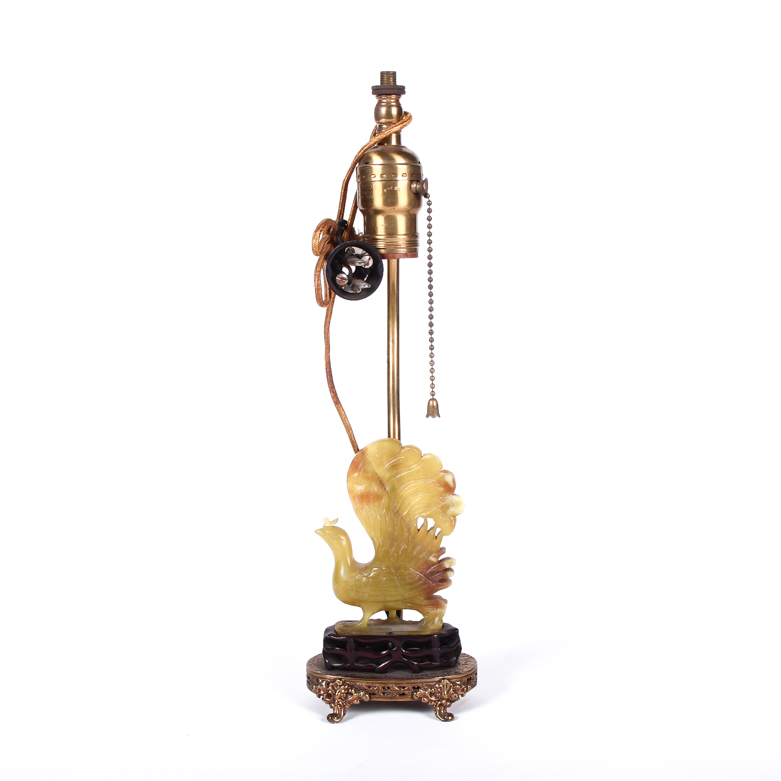 Vintage Chinese Carved Jasper Peacock Lamp