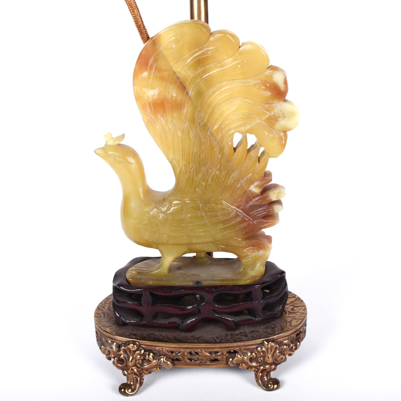 Vintage Chinese Carved Jasper Peacock Lamp