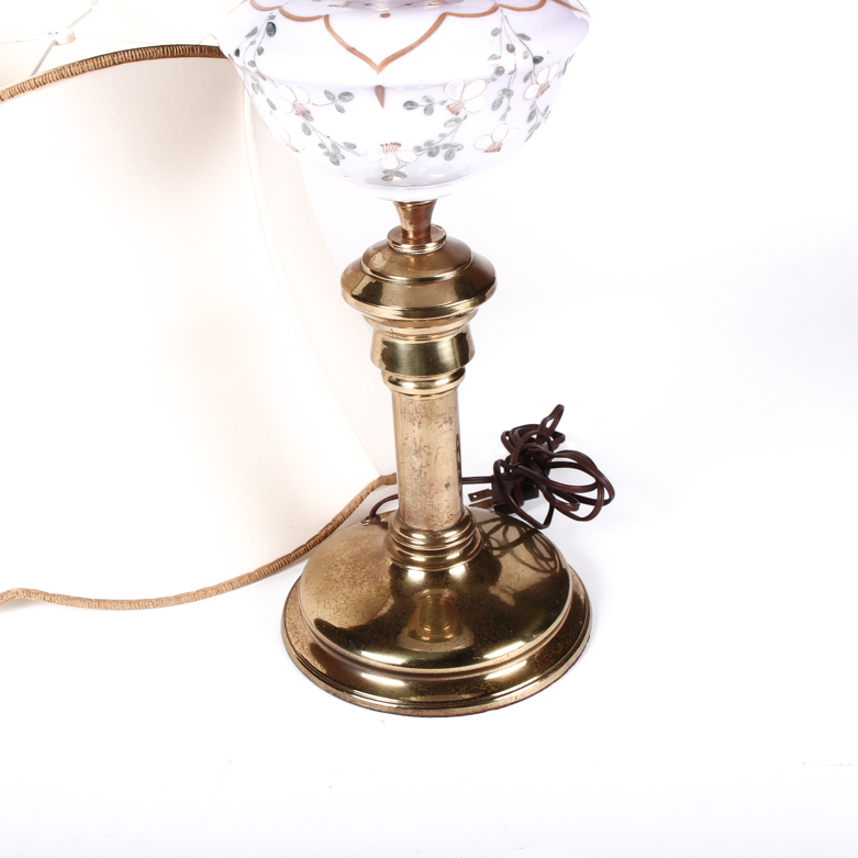 Vintage Brass and Hand Painted Porcelain Electric Oil Lamp