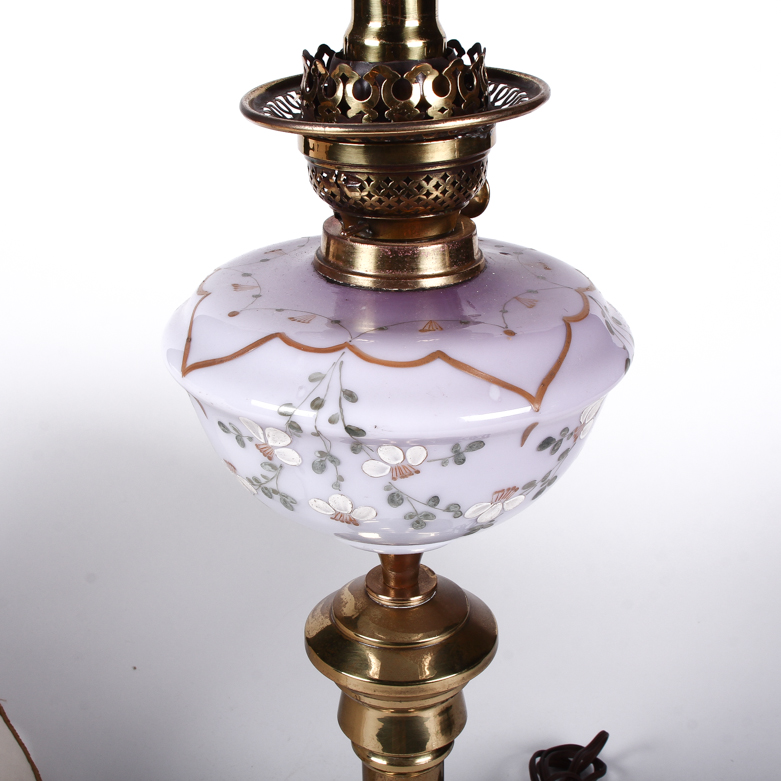 Vintage Brass and Hand Painted Porcelain Electric Oil Lamp