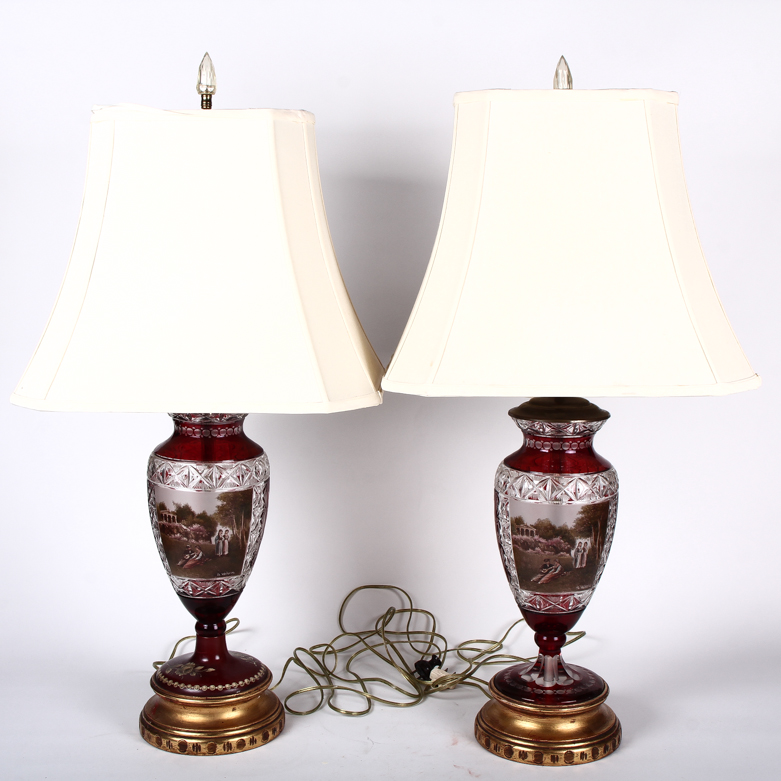 Pair of Signed R Wurtig Mid Century Bohemian Cut Crystal Lamps