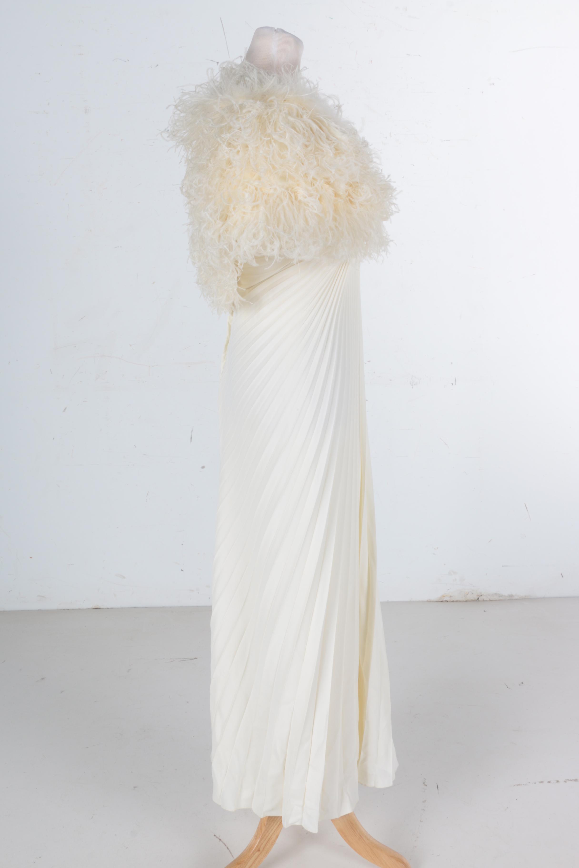 Travilla Pleated Halter Neck Gown With Ostrich Feather Capelet