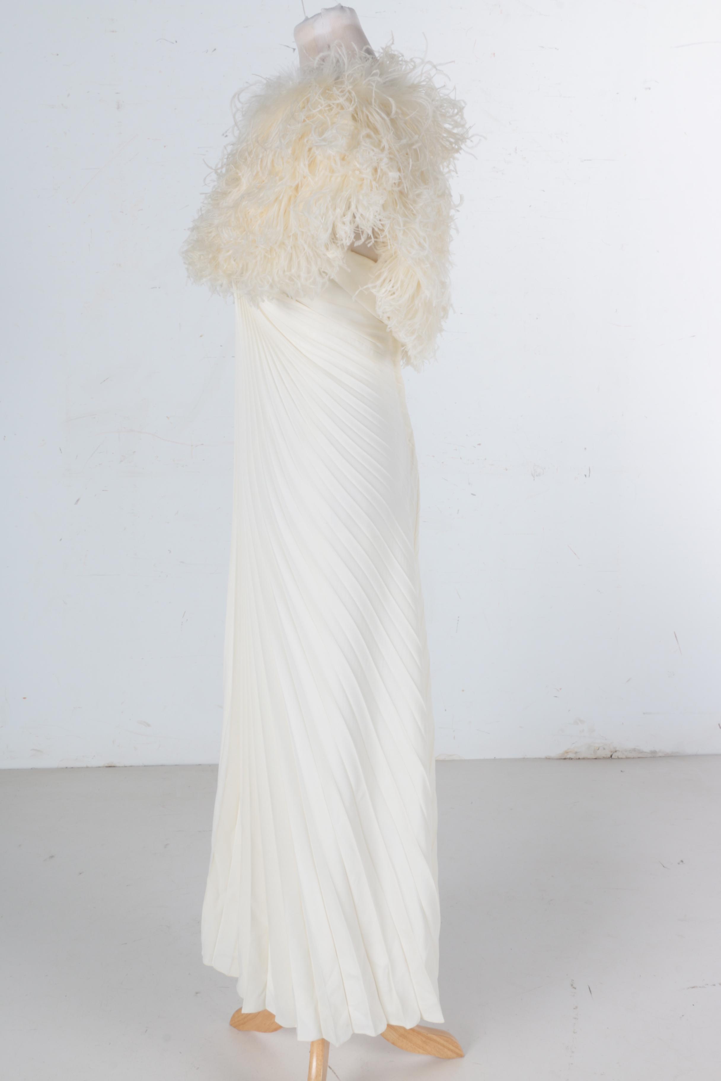 Travilla Pleated Halter Neck Gown With Ostrich Feather Capelet