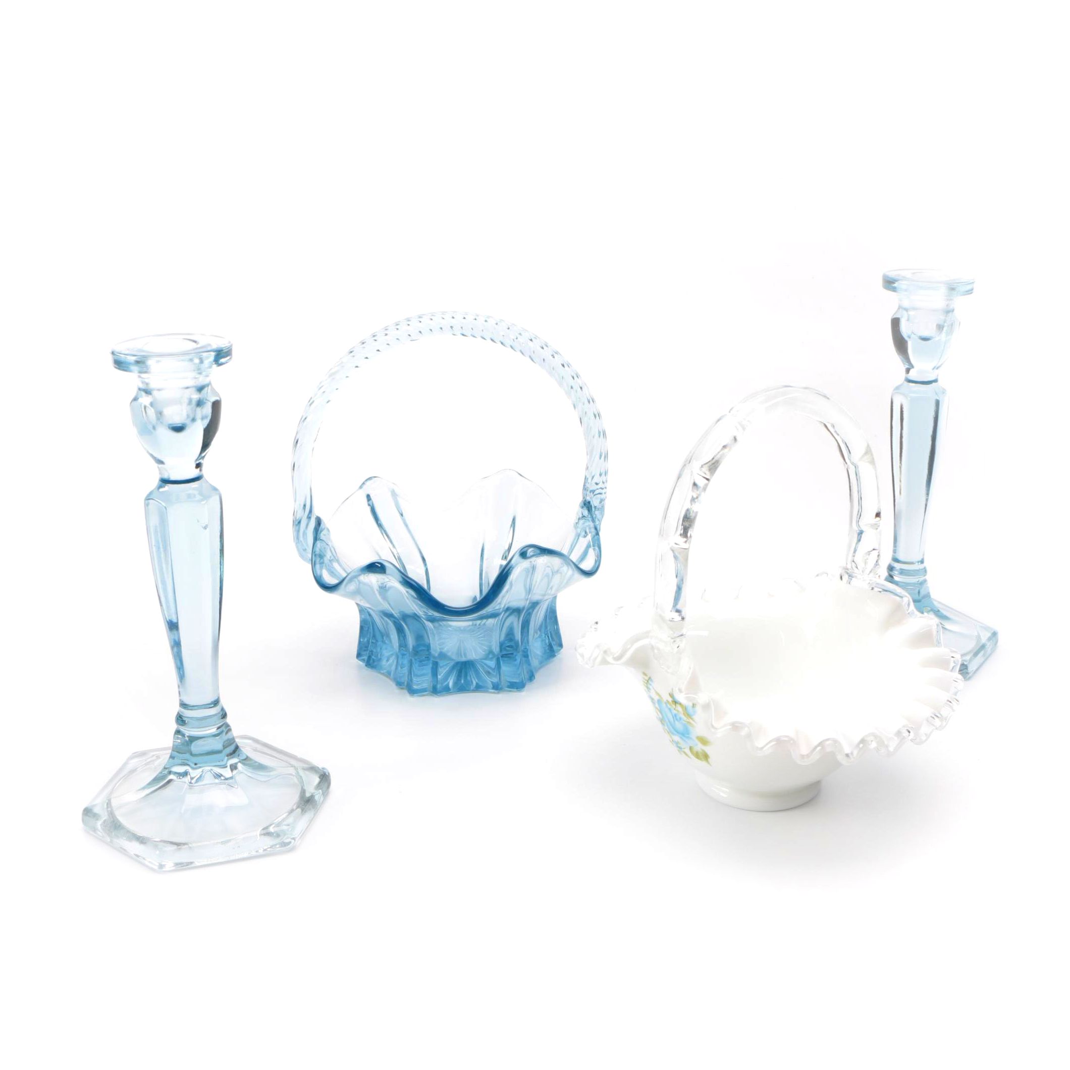 Fenton Decorative Glass Bowls and Two Candlesticks