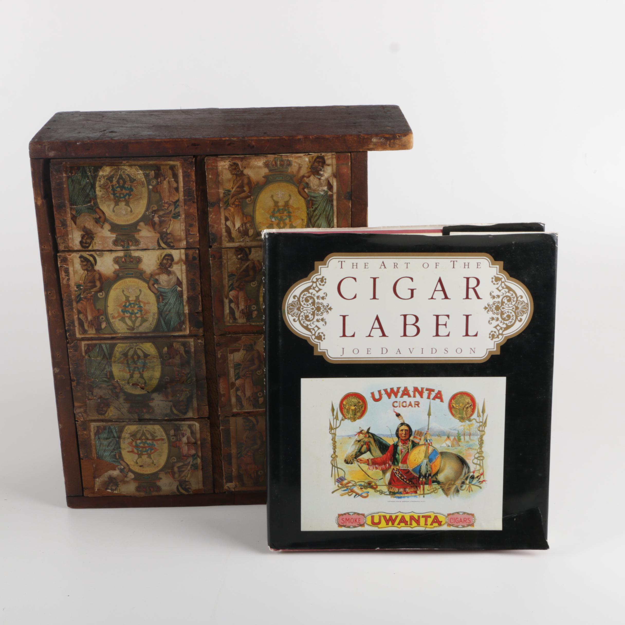 Cigar Label Book And Vintage Wooden Cigar Case