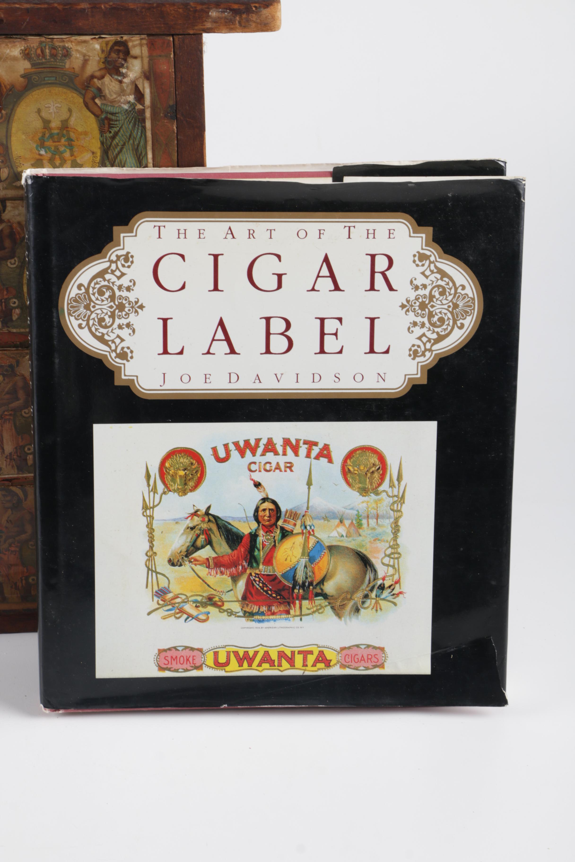 Cigar Label Book And Vintage Wooden Cigar Case