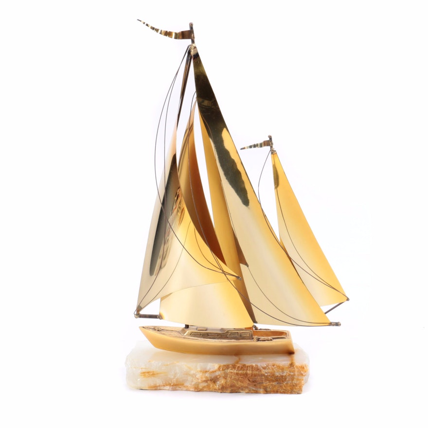 Vintage Brass and Agate Sailboat Figurine