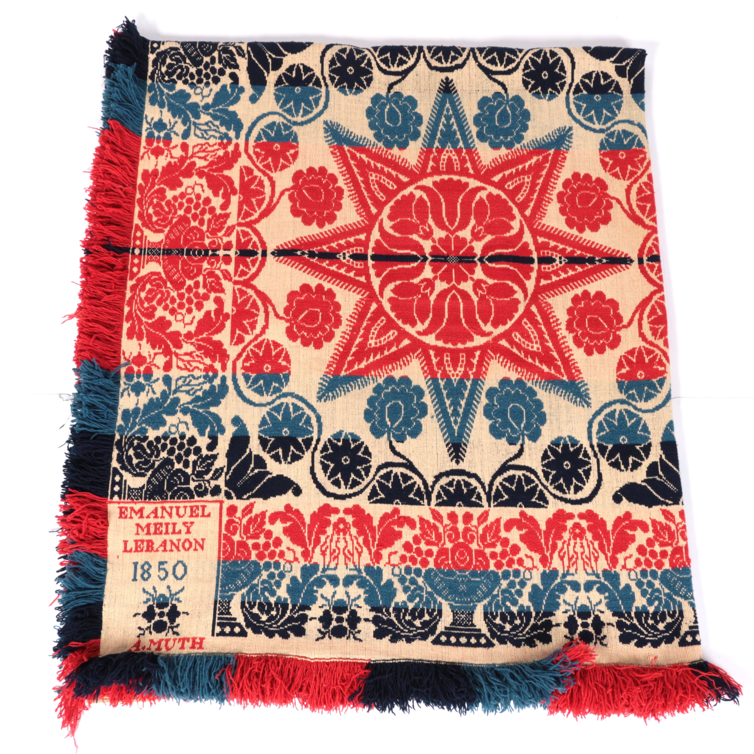 Antique Emanuel Meily Hand-Loomed Coverlet