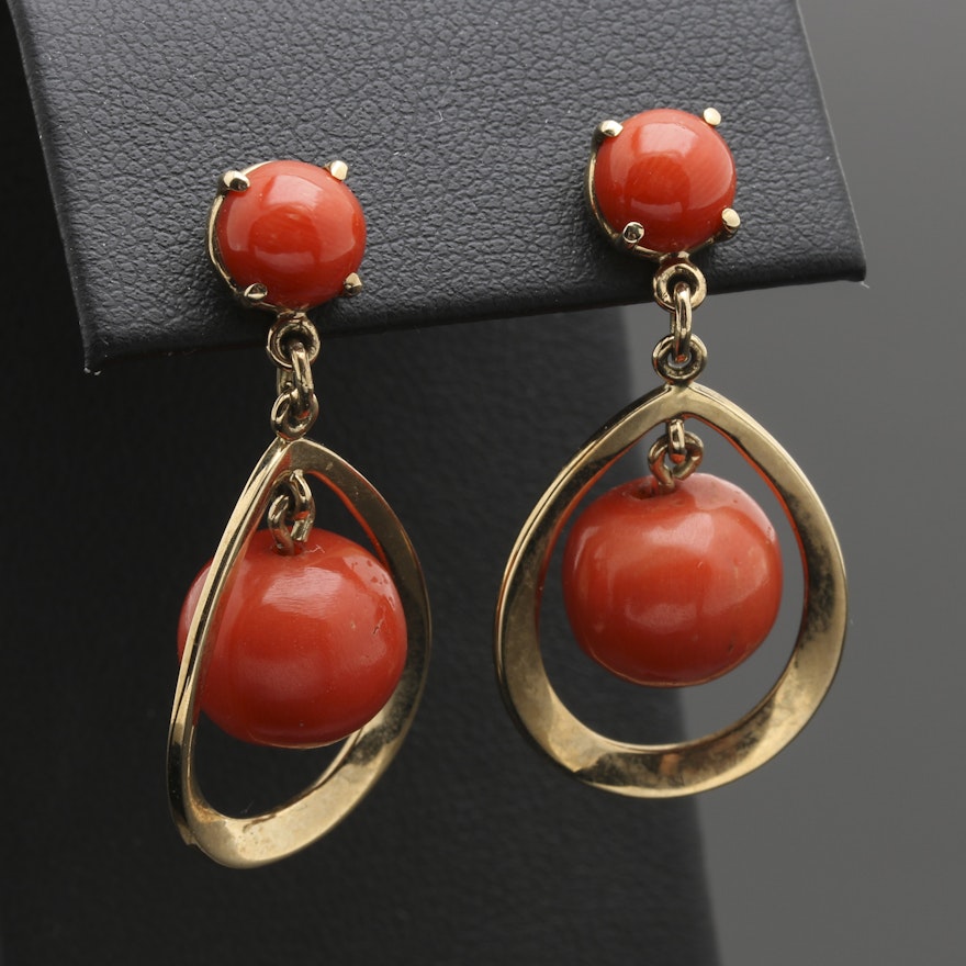 14K Yellow Gold Coral Dangle Earrings