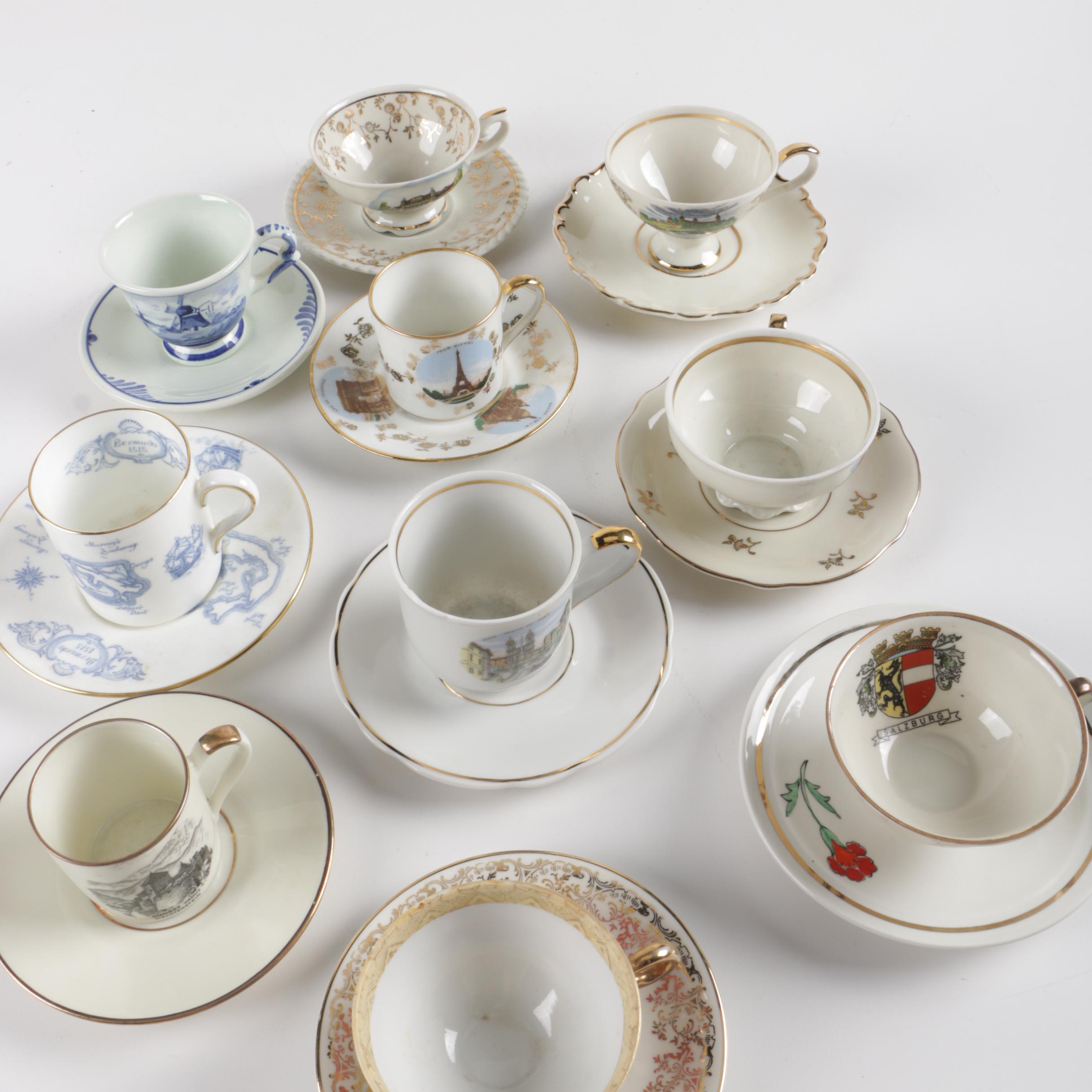 Souvenir Porcelain Cups and Saucers Including Wedgwood and Rosenthal