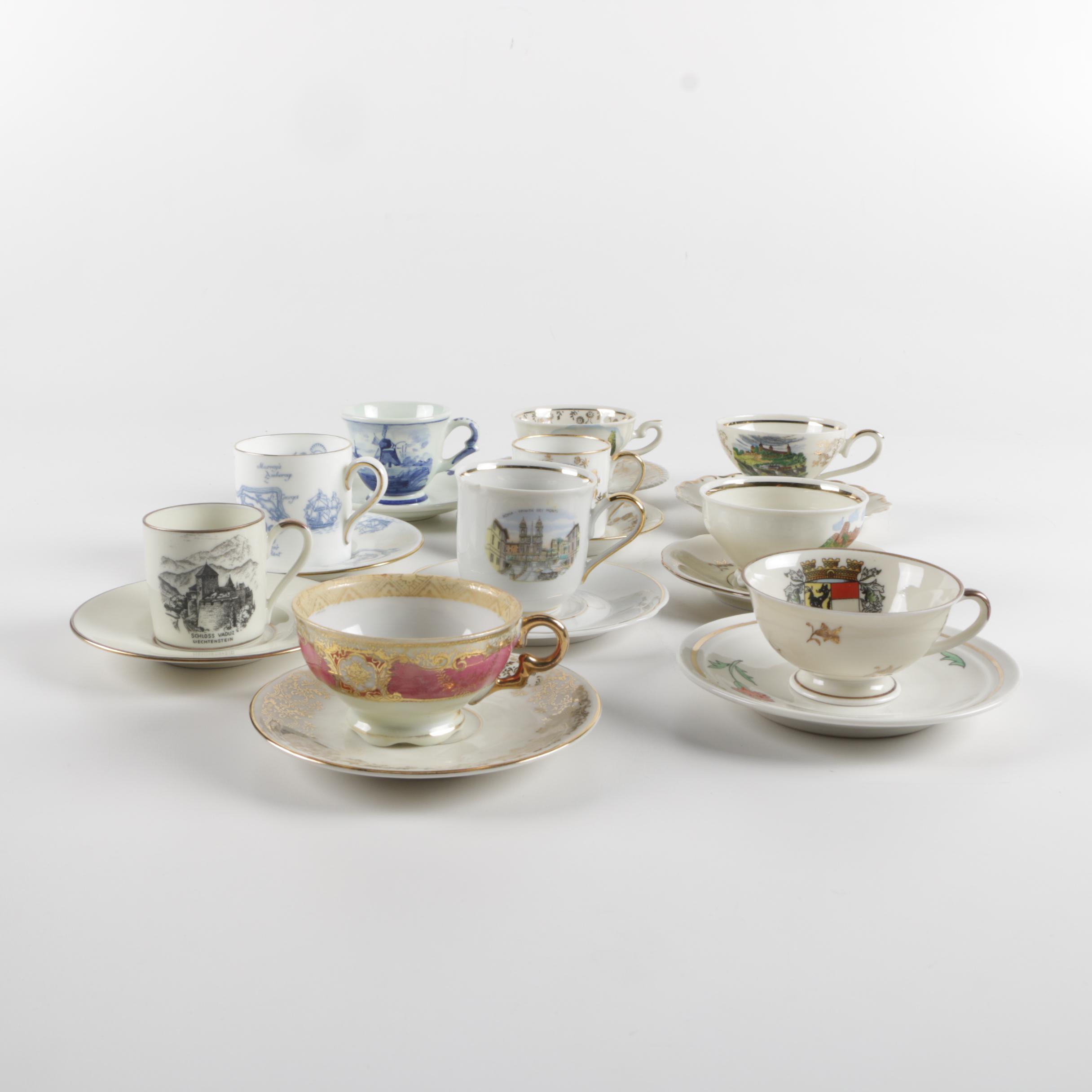 Souvenir Porcelain Cups and Saucers Including Wedgwood and Rosenthal