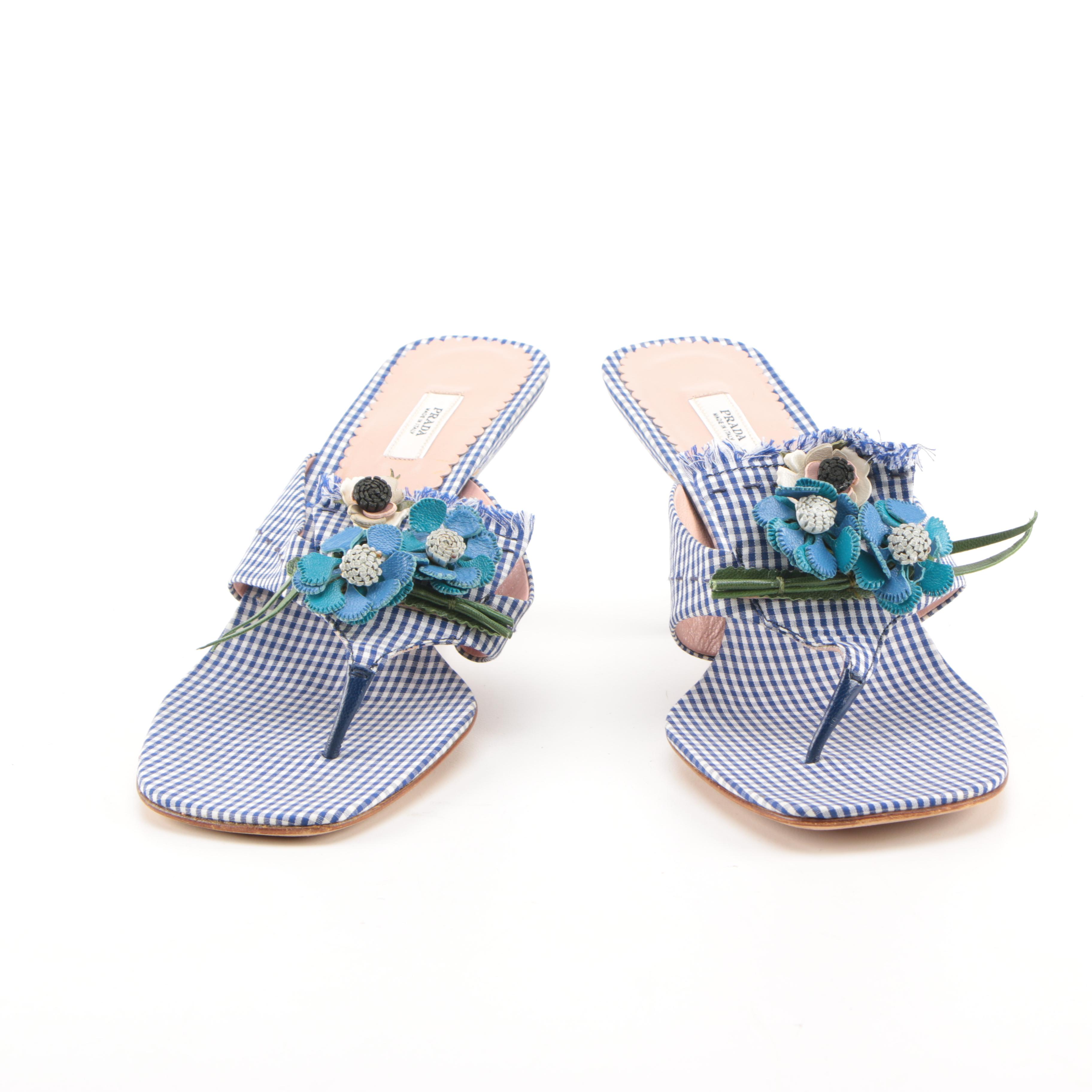 Prada Blue Gingham Kitten Heels With Floral Accents