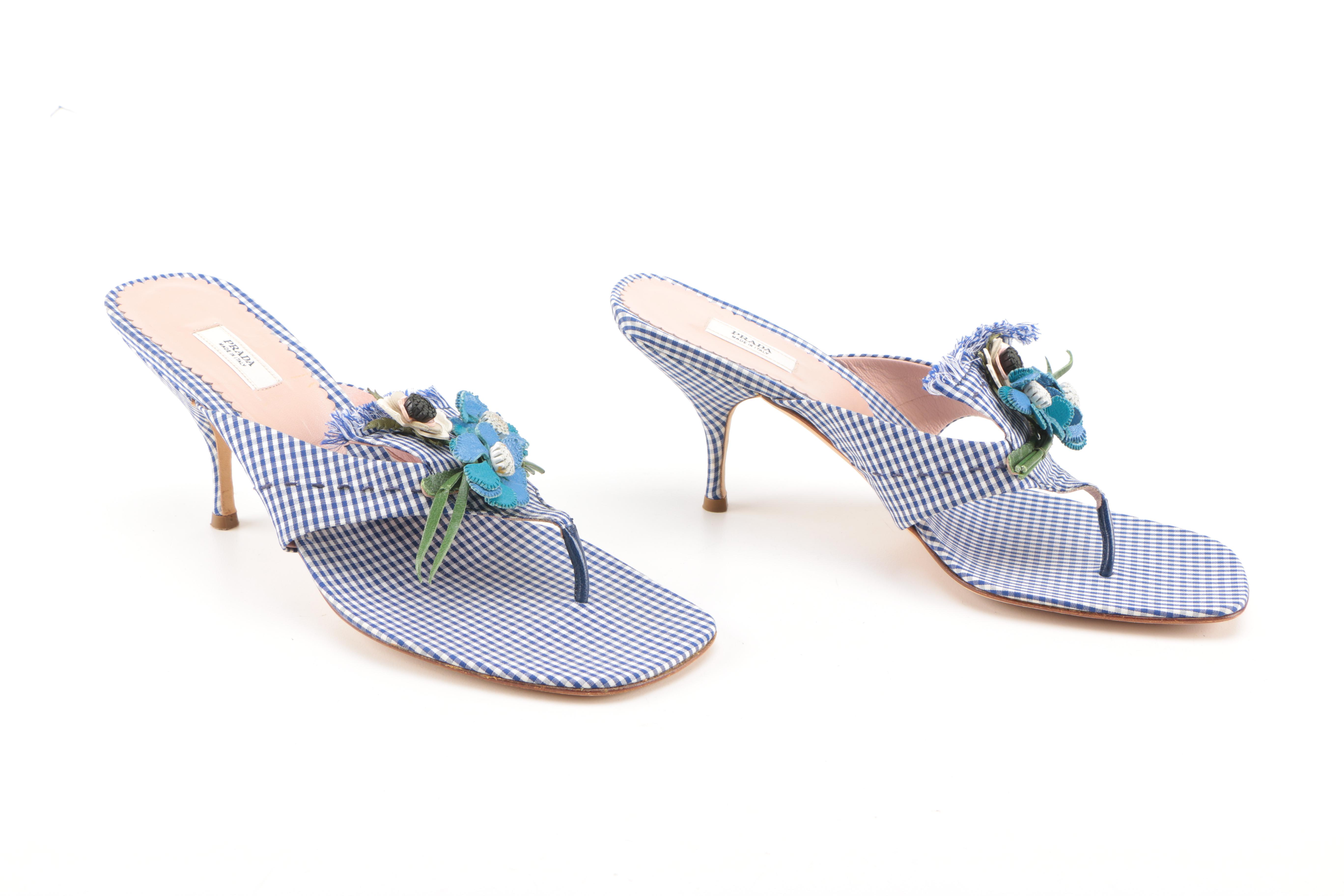 Prada Blue Gingham Kitten Heels With Floral Accents