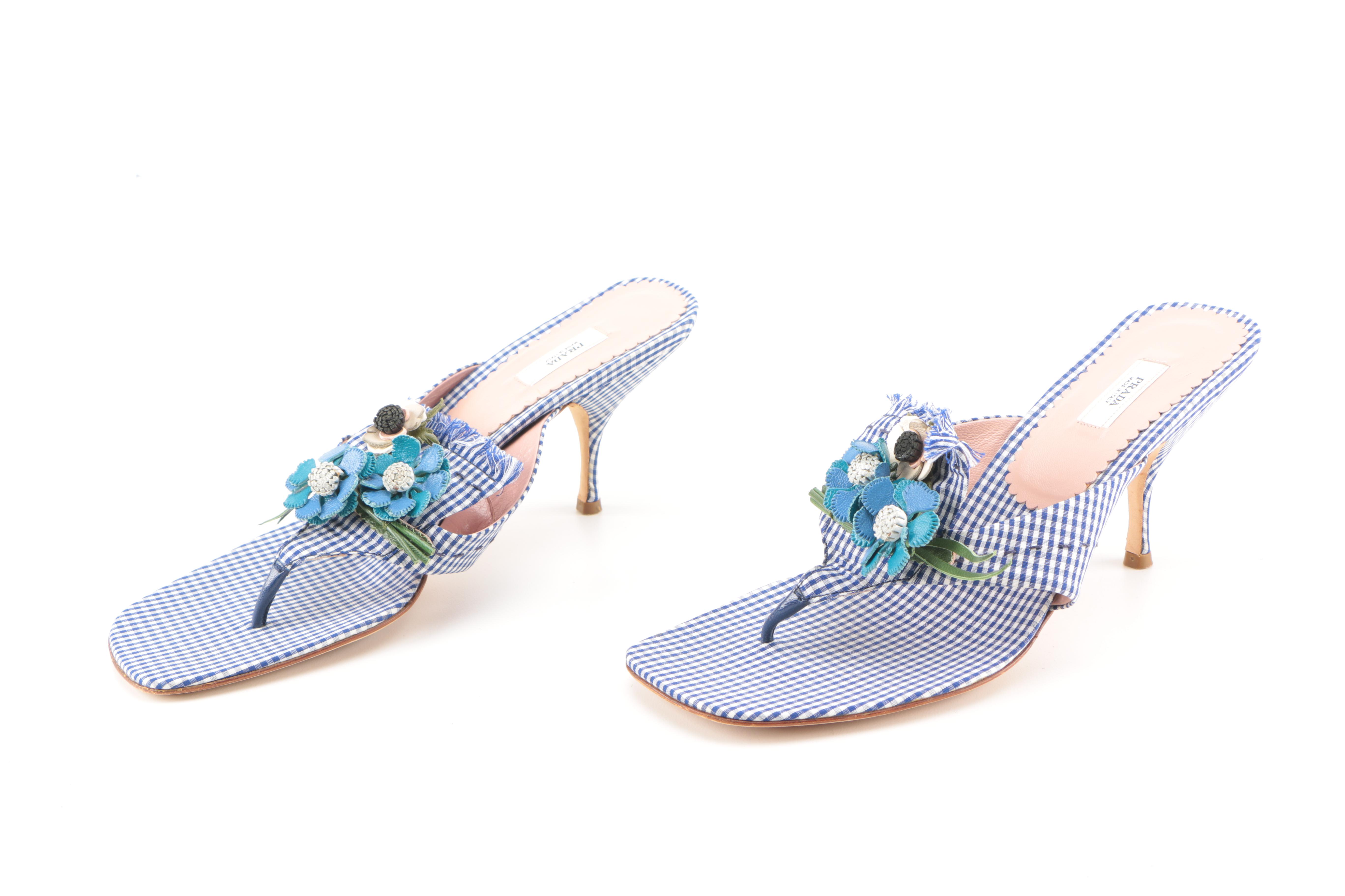 Prada Blue Gingham Kitten Heels With Floral Accents