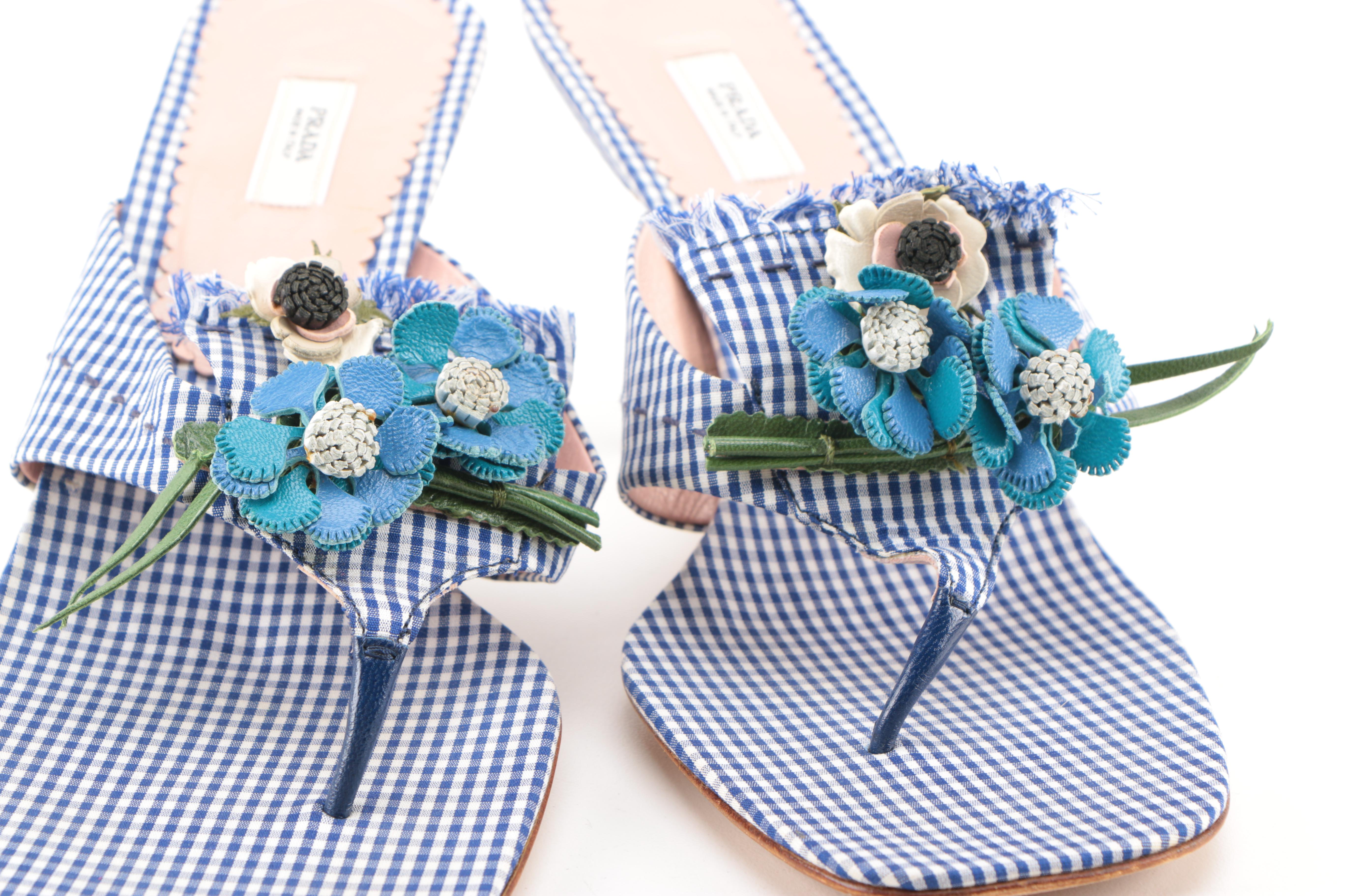 Prada Blue Gingham Kitten Heels With Floral Accents