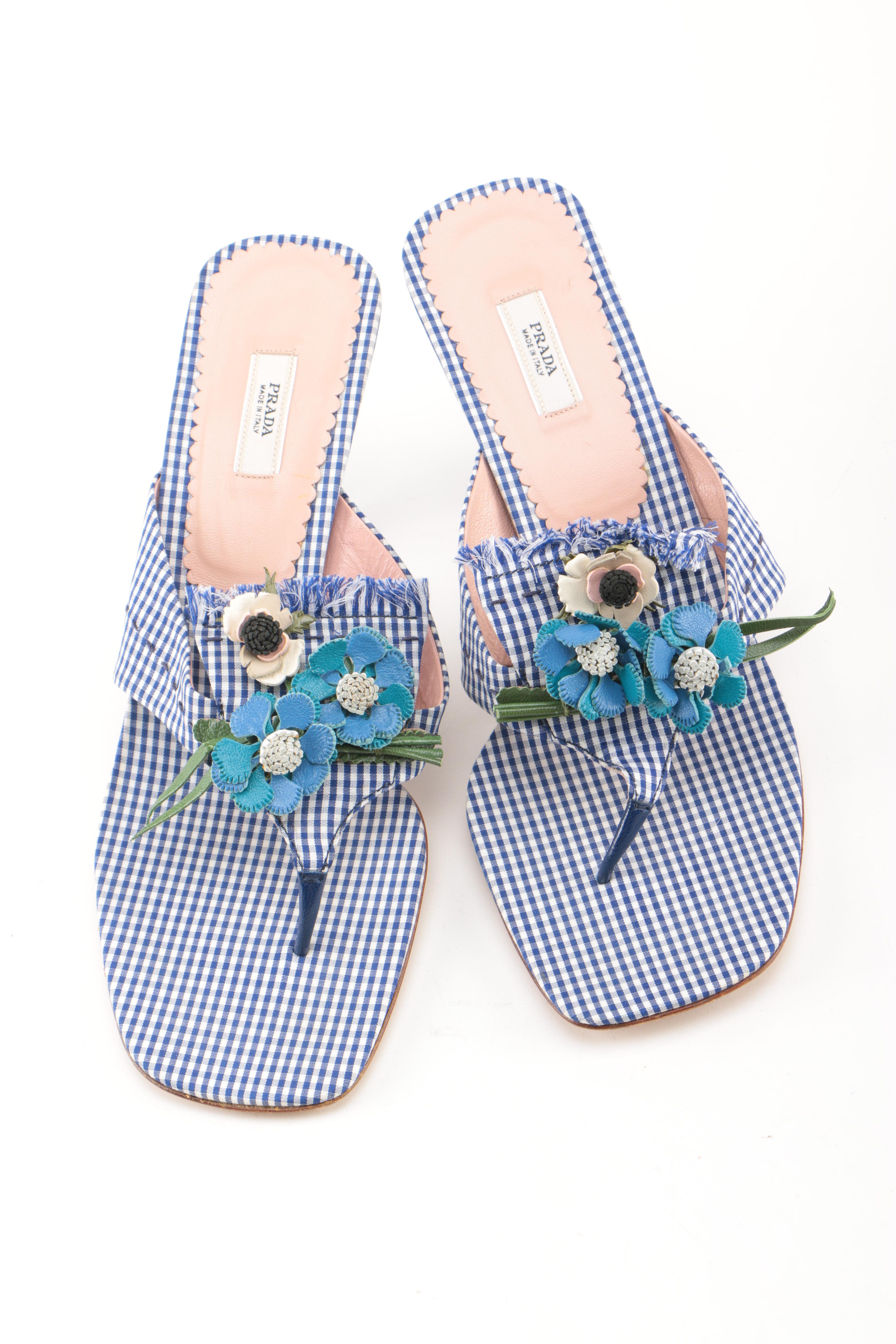 Prada Blue Gingham Kitten Heels With Floral Accents