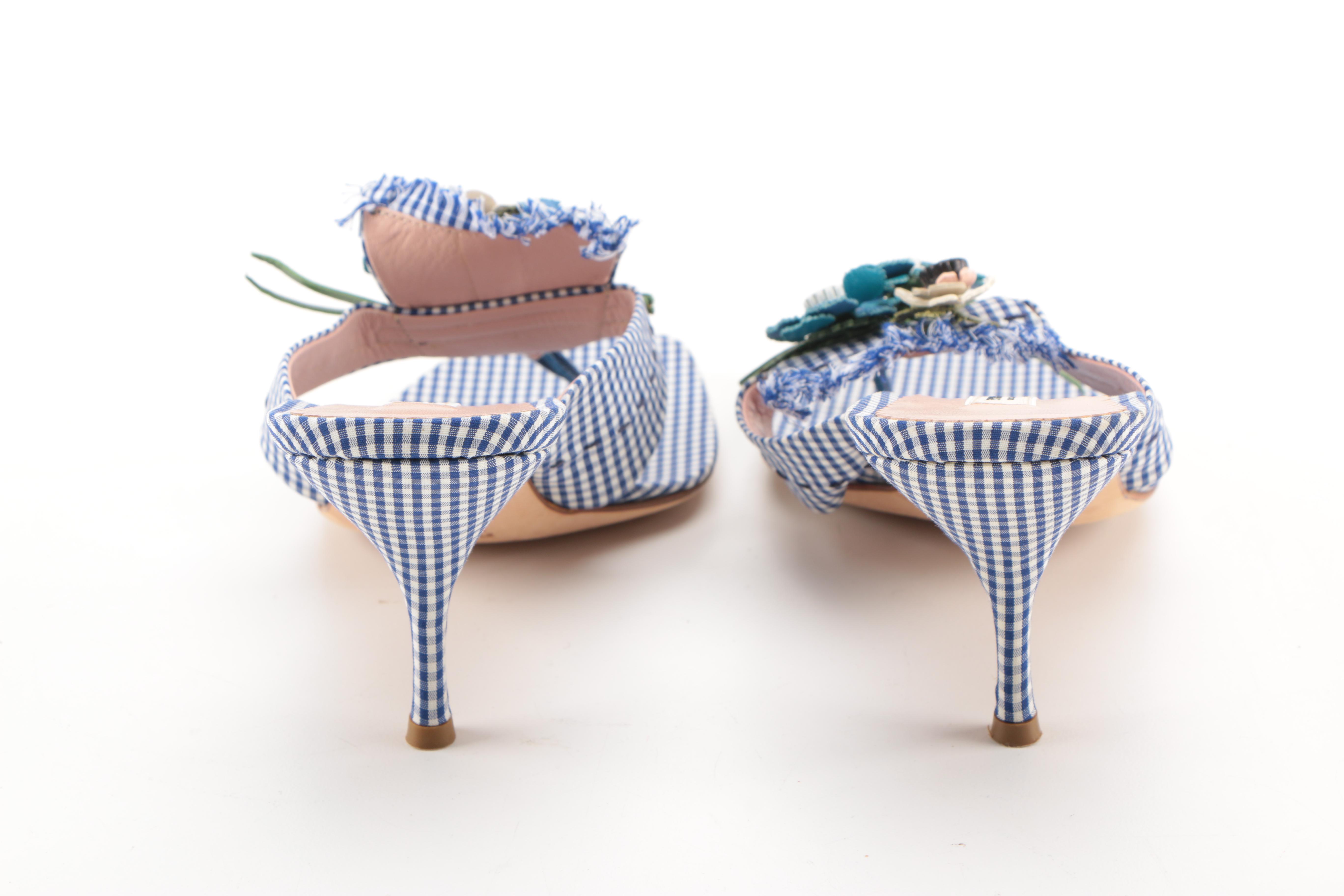 Prada Blue Gingham Kitten Heels With Floral Accents
