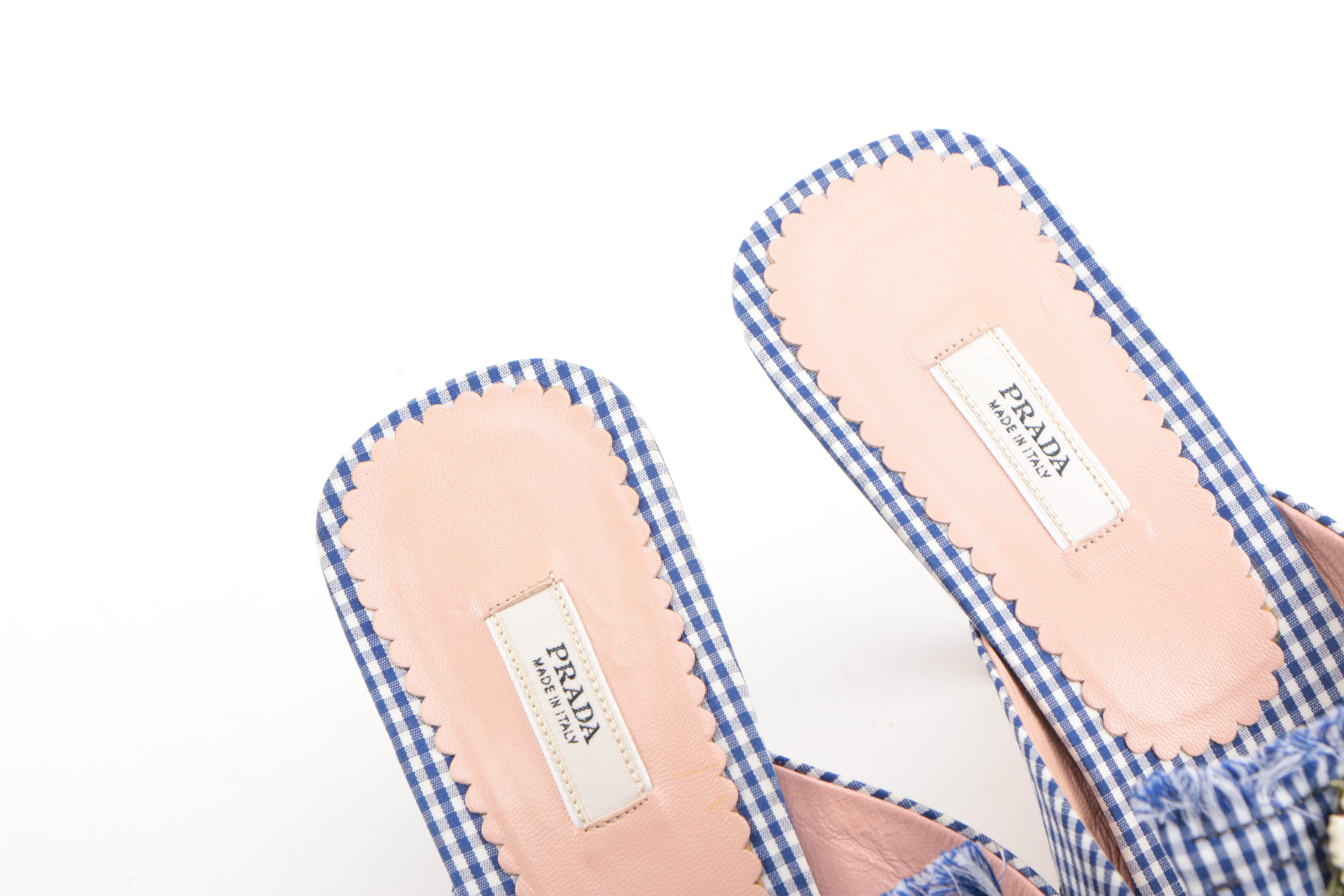 Prada Blue Gingham Kitten Heels With Floral Accents