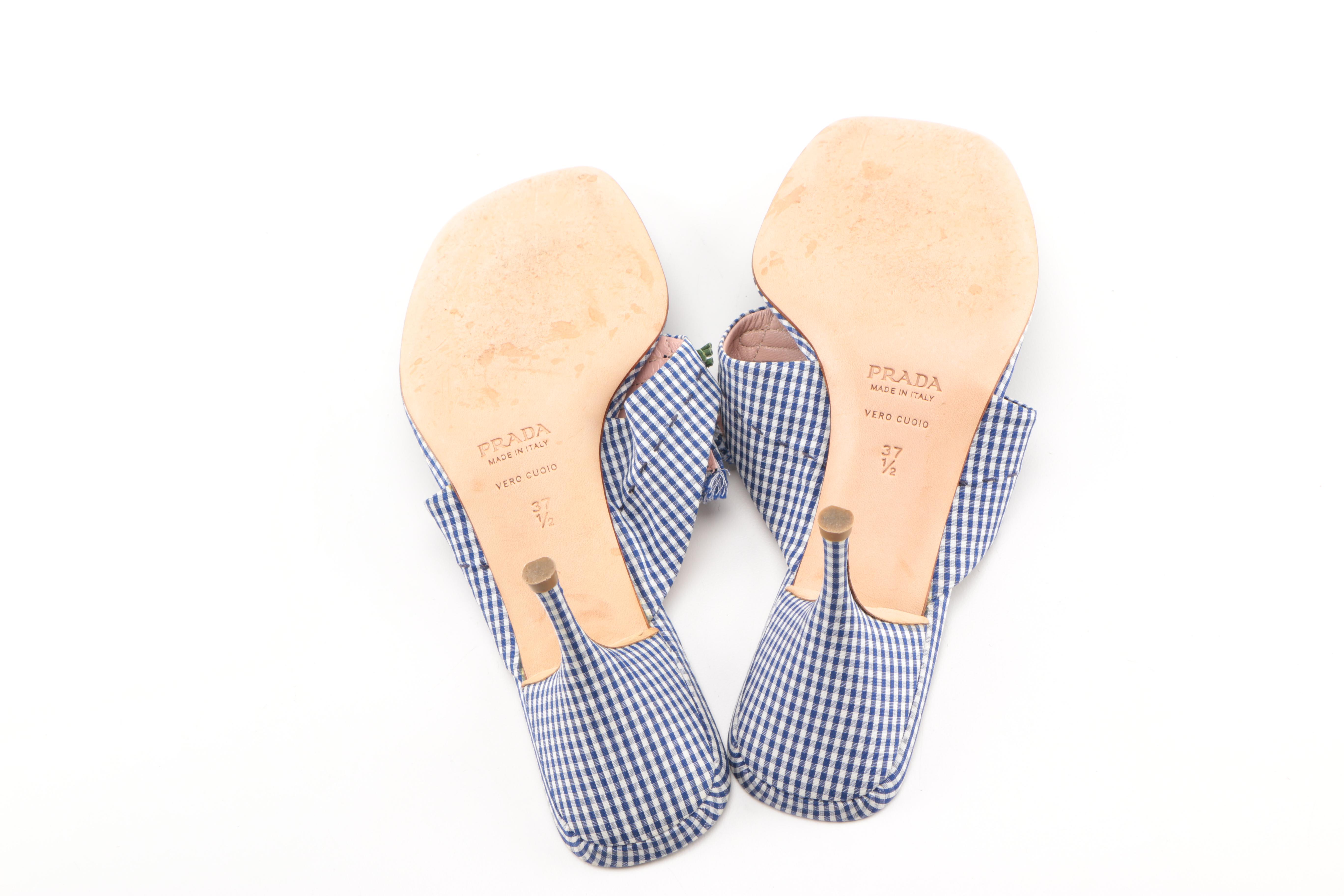 Prada Blue Gingham Kitten Heels With Floral Accents