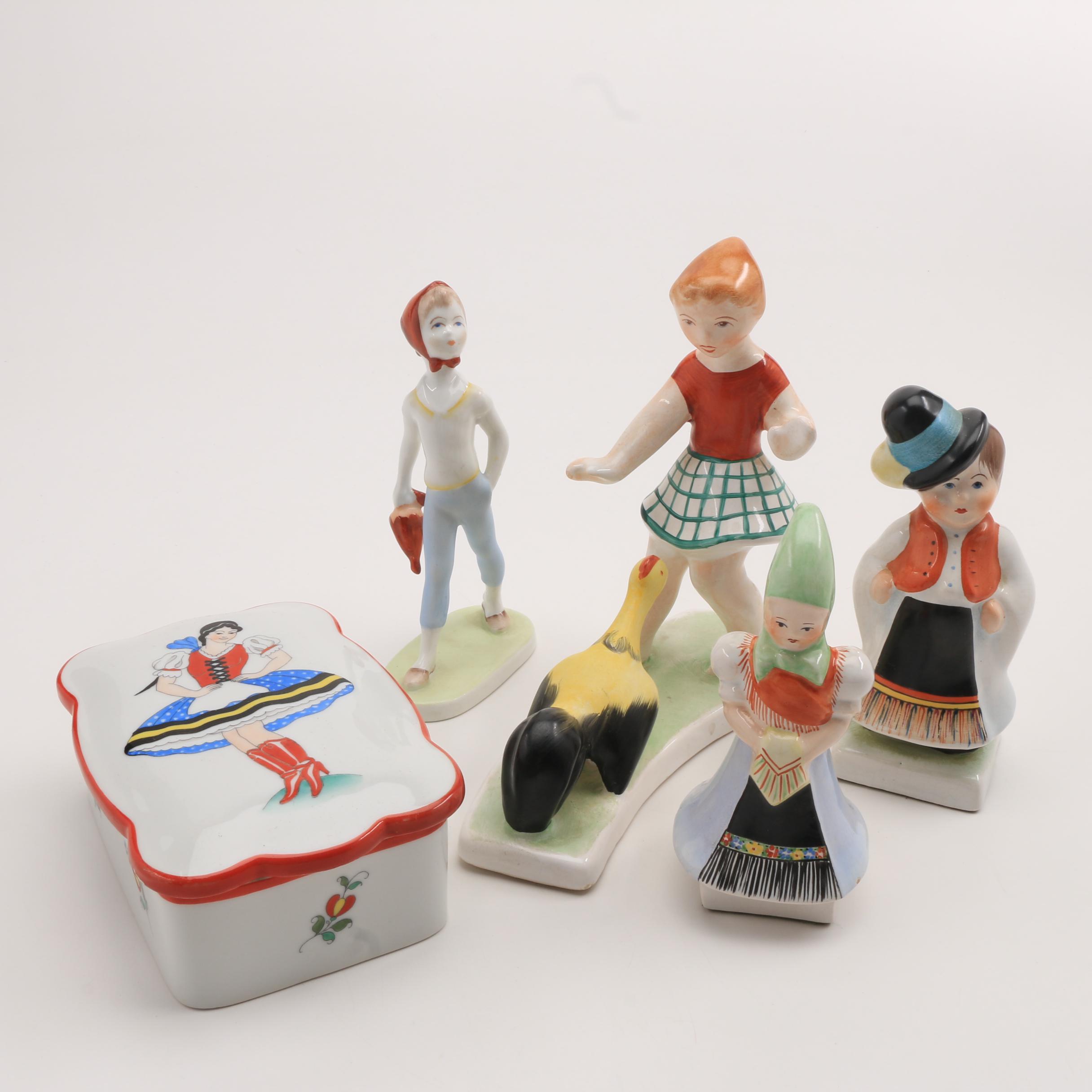 Porcelain Figurines and Herend Porcelain Trinket Box