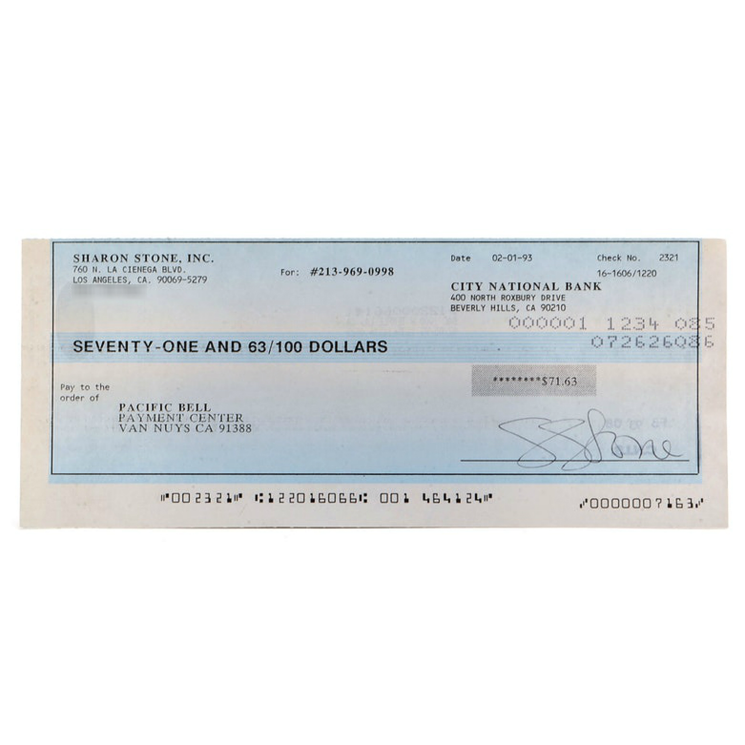 Golden Globe Winner Sharon Stone Signed Bank Statement