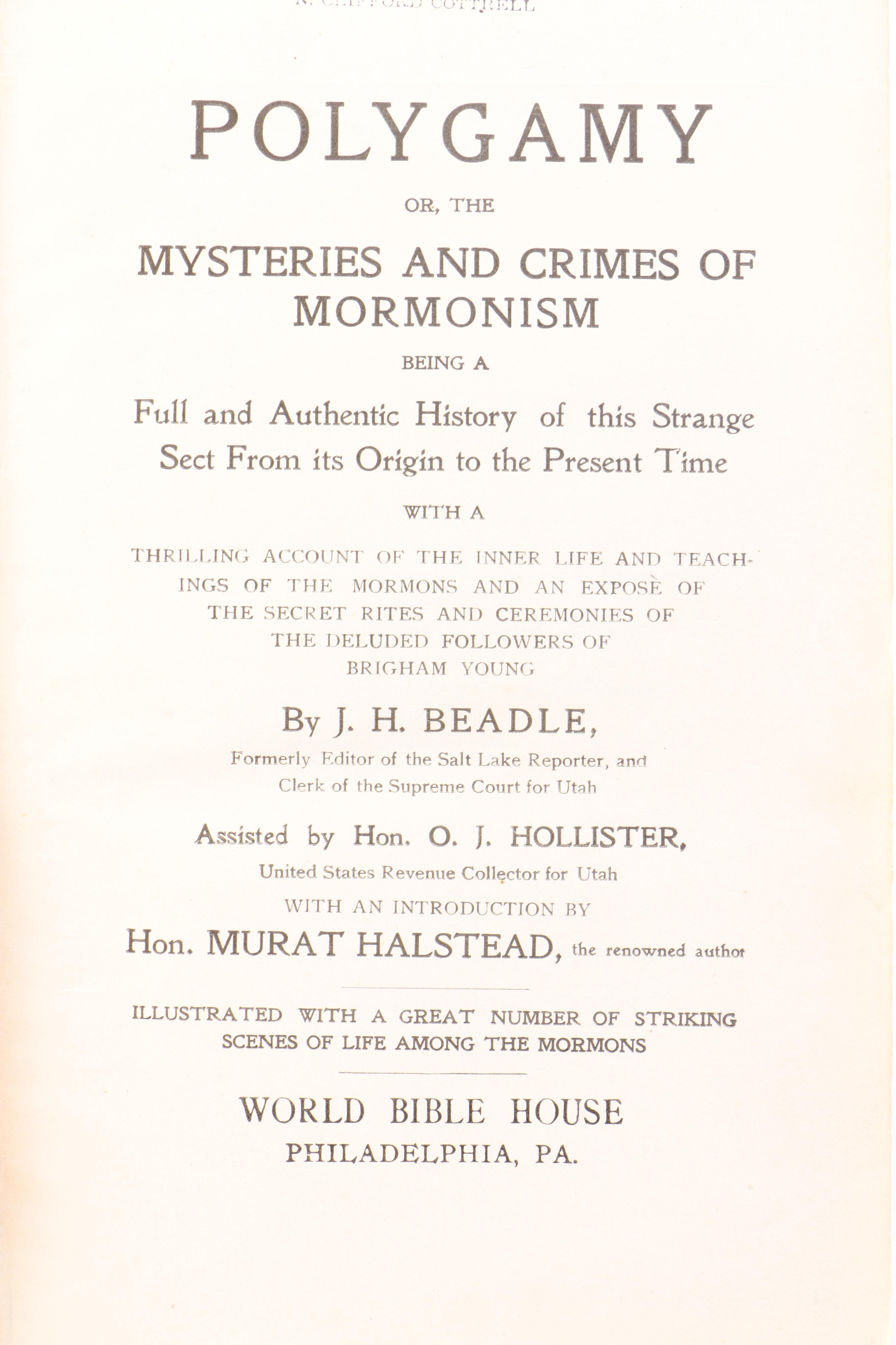 Antique "Polygamy, or the Mysteries and Crimes of Mormonism" by J. H. Beadle