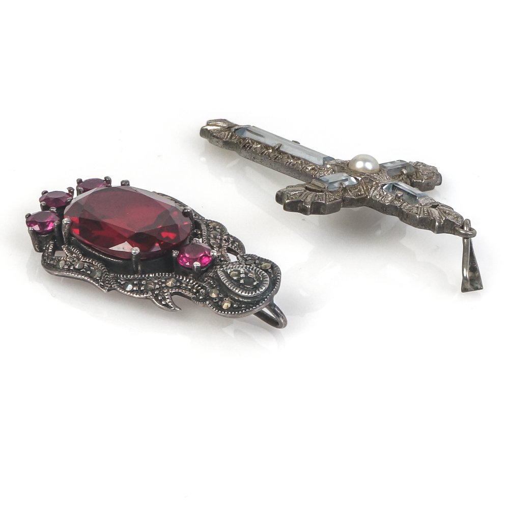 Pair of Vintage Art Deco Style Sterling Silver and Stone Pendants