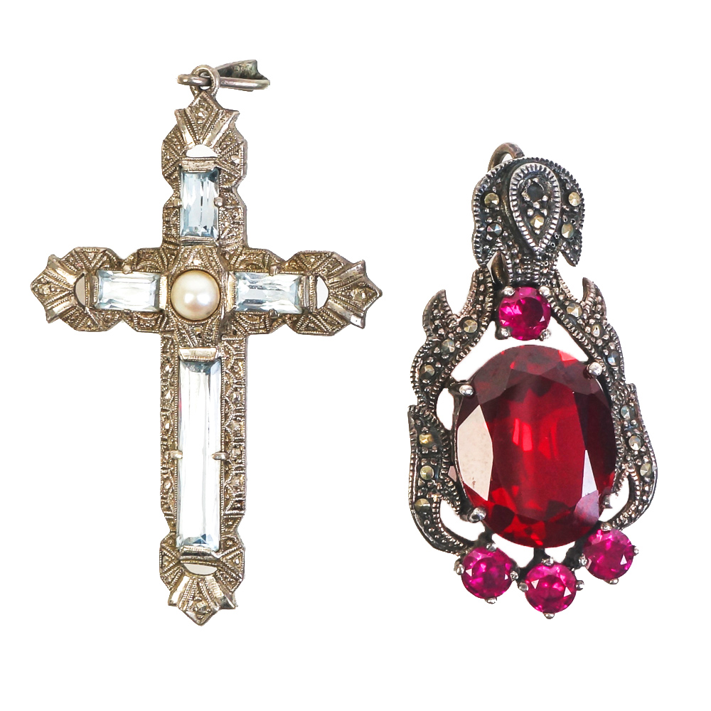 Pair of Vintage Art Deco Style Sterling Silver and Stone Pendants