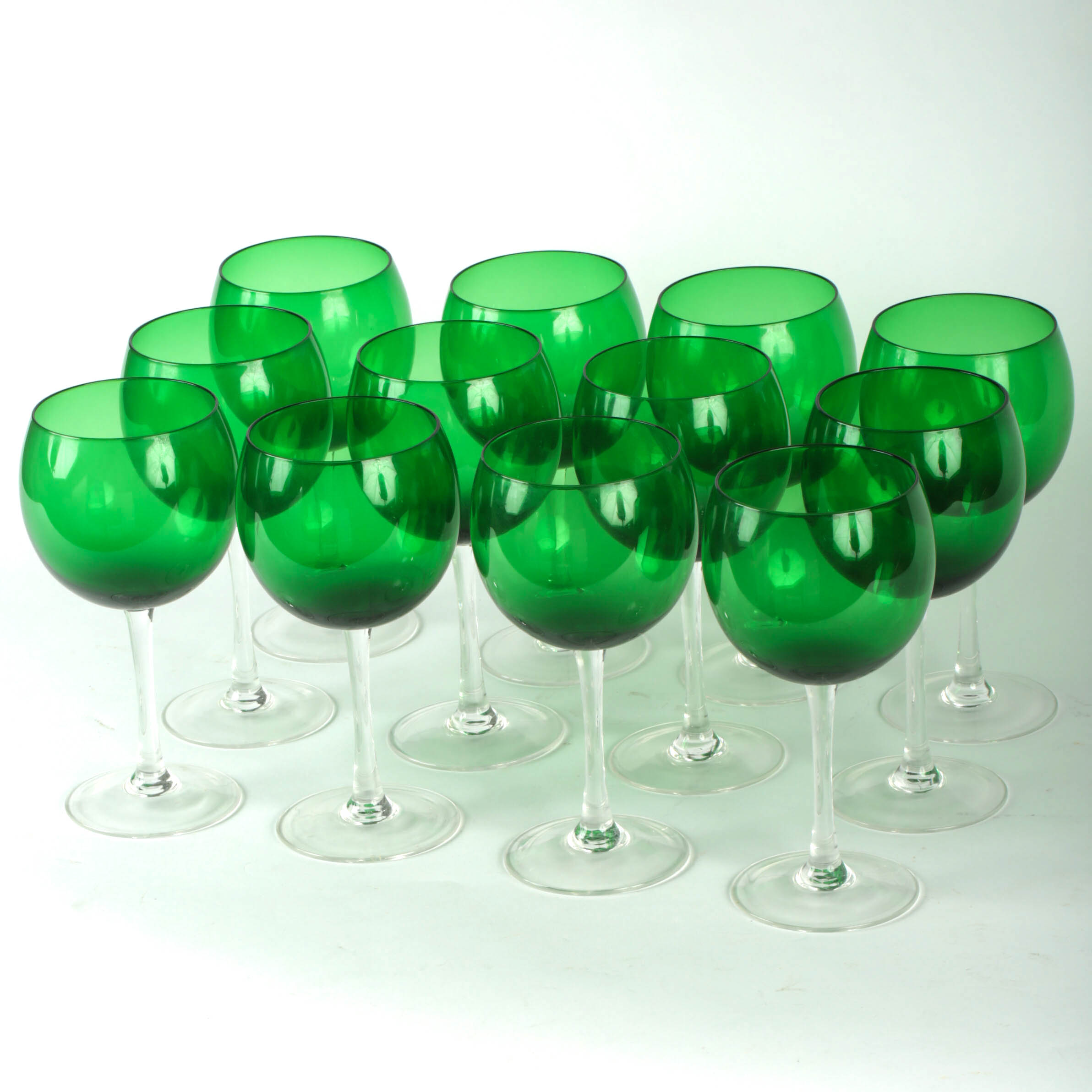 Set of Green and Clear Wine Glasses