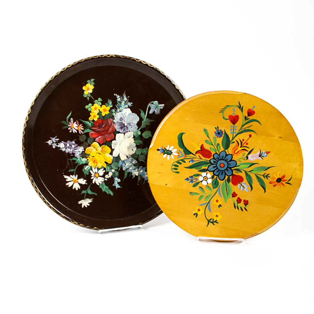 Pair of Vintage Hand-Painted Wood and Metal Trays
