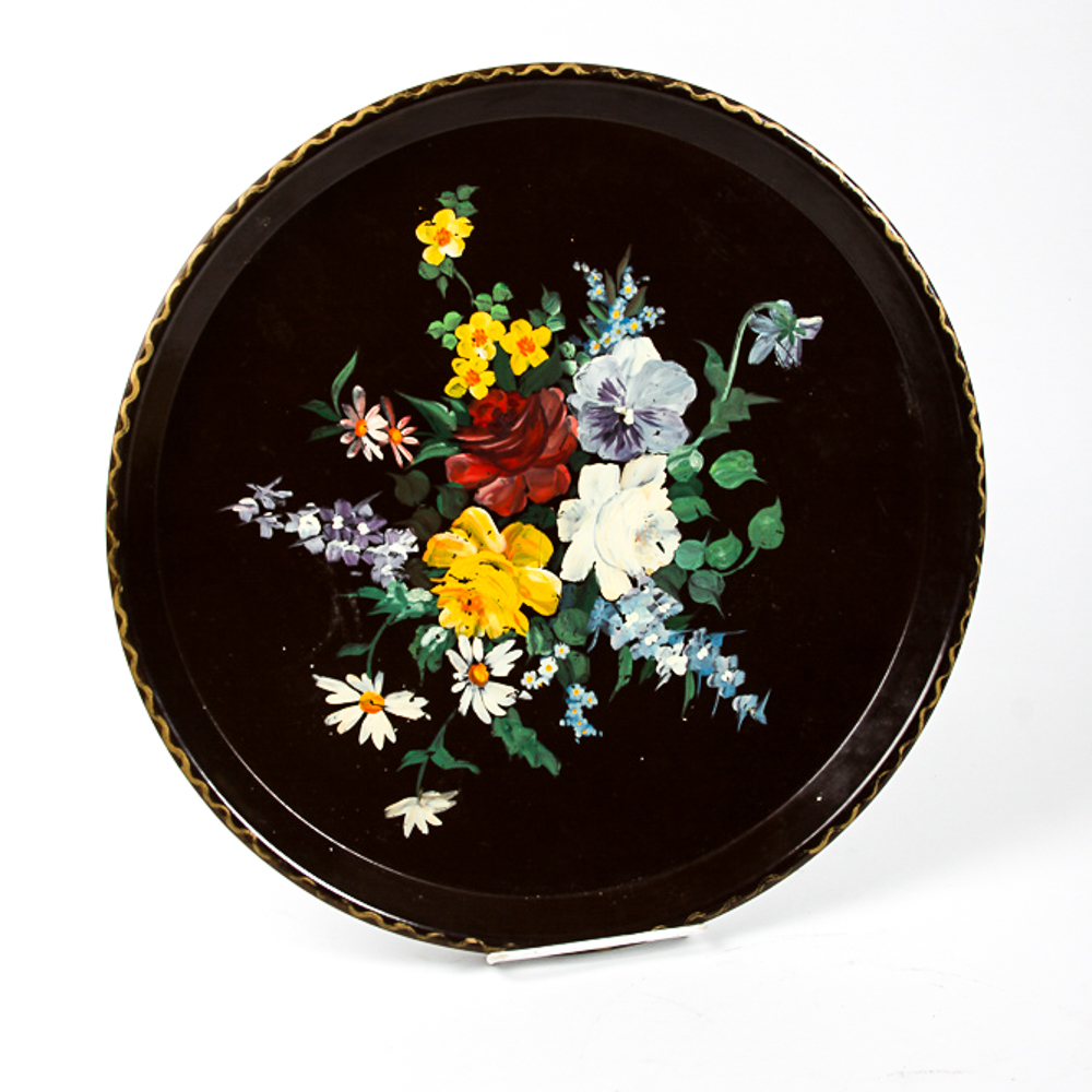 Pair of Vintage Hand-Painted Wood and Metal Trays