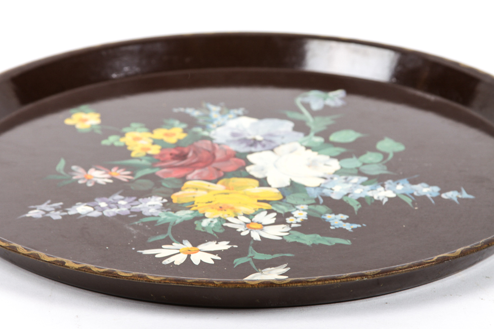 Pair of Vintage Hand-Painted Wood and Metal Trays