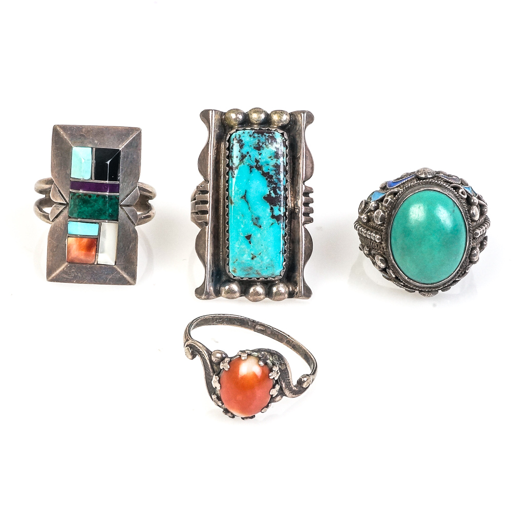 Native American Style Sterling Silver Gemstone Rings Including Billy Slim Navajo