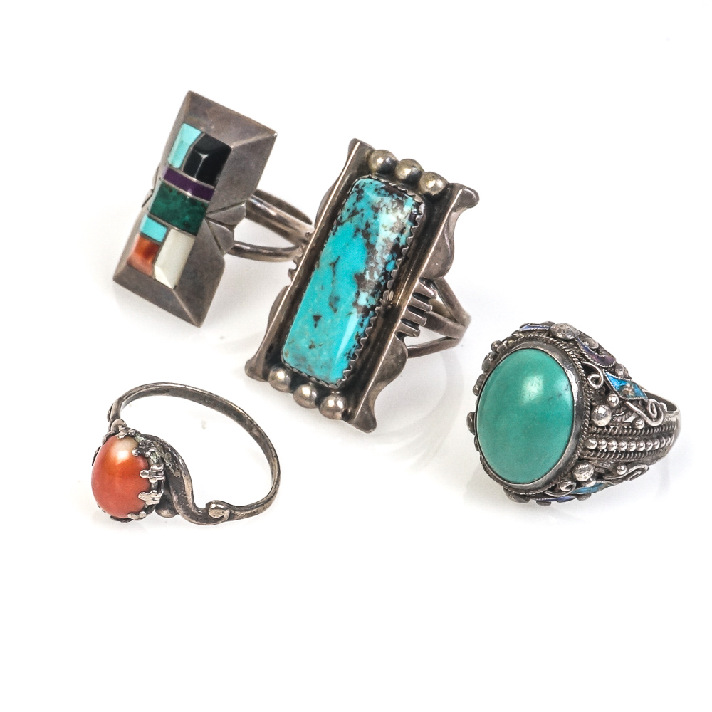 Native American Style Sterling Silver Gemstone Rings Including Billy Slim Navajo