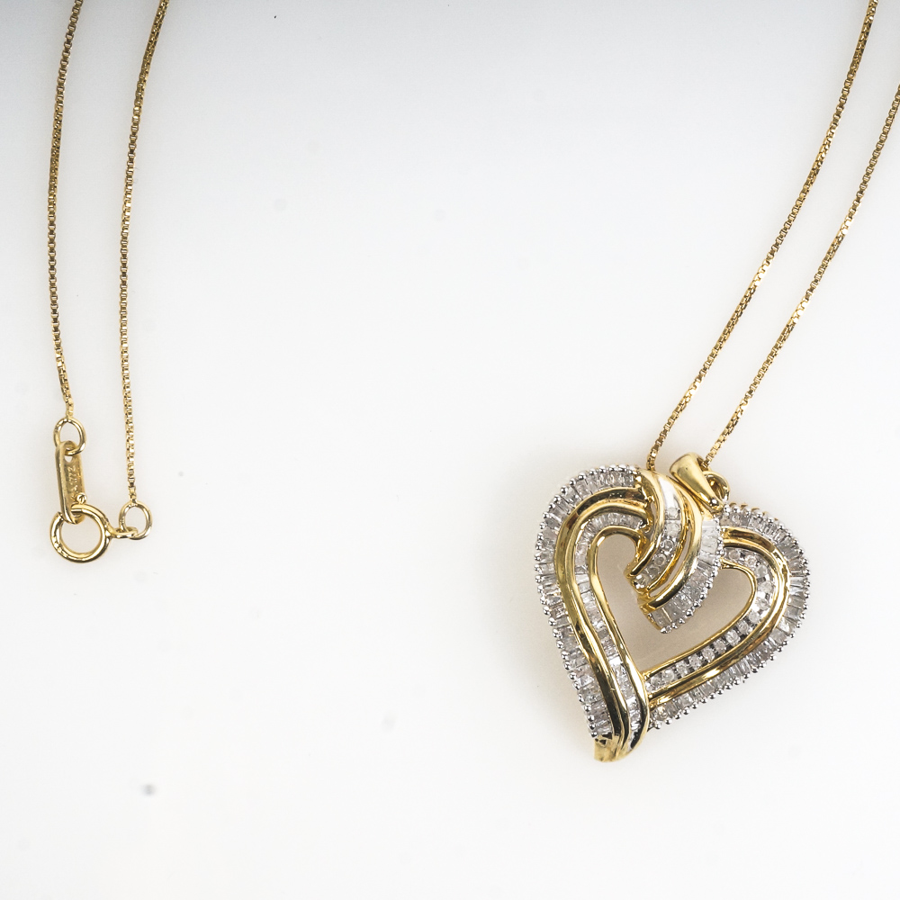 Gold Plated Sterling Silver and 1.00 CTW Diamond Heart Pendant Necklace