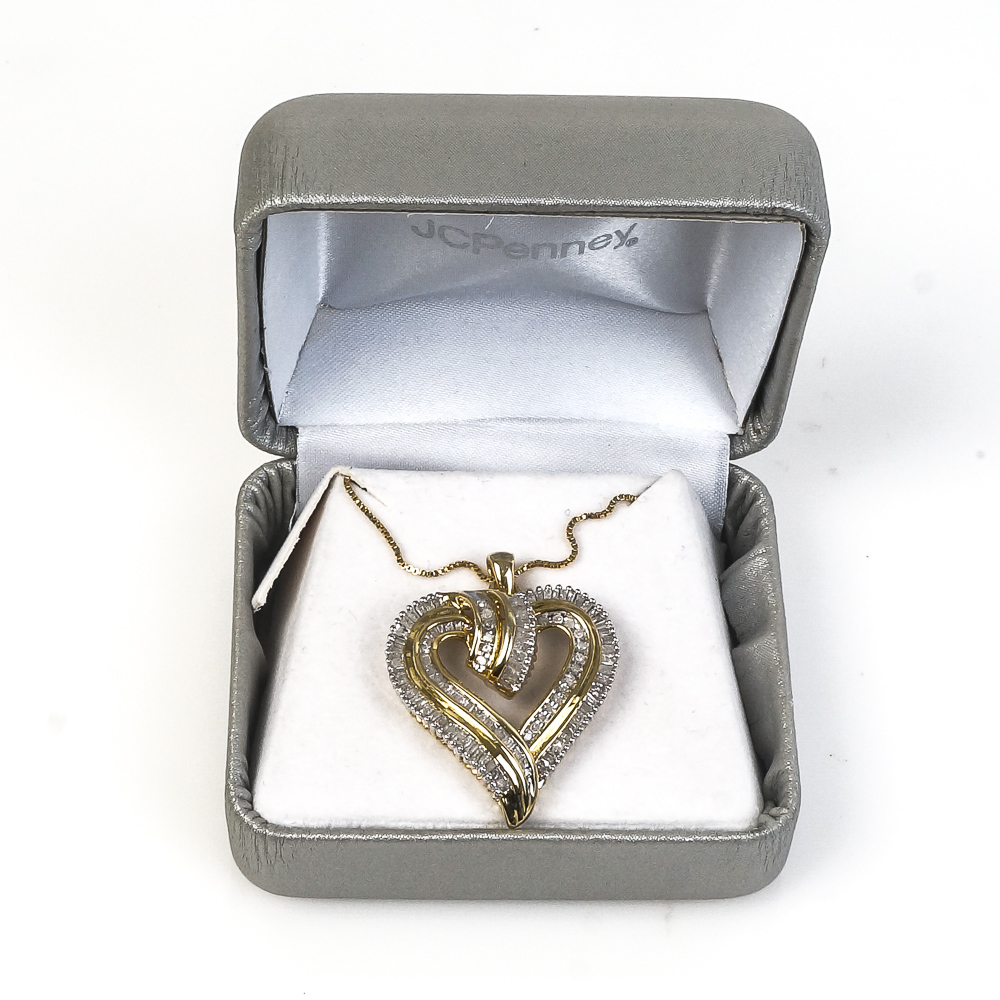 Gold Plated Sterling Silver and 1.00 CTW Diamond Heart Pendant Necklace