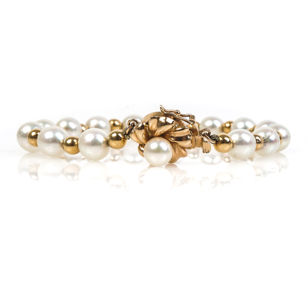 14K Yellow Gold and Cultured Pearl Bracelet
