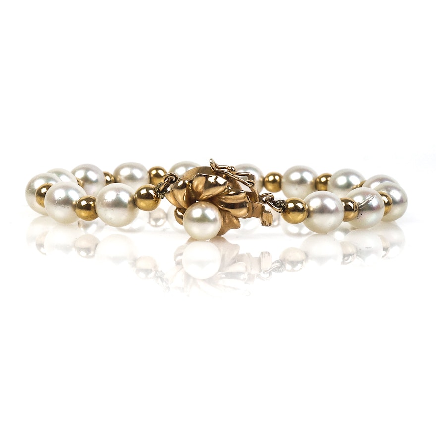 14K Yellow Gold and Cultured Pearl Bracelet