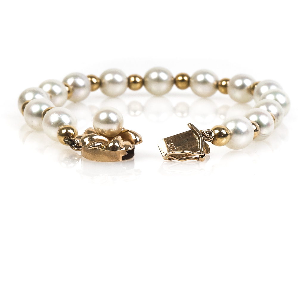 14K Yellow Gold and Cultured Pearl Bracelet