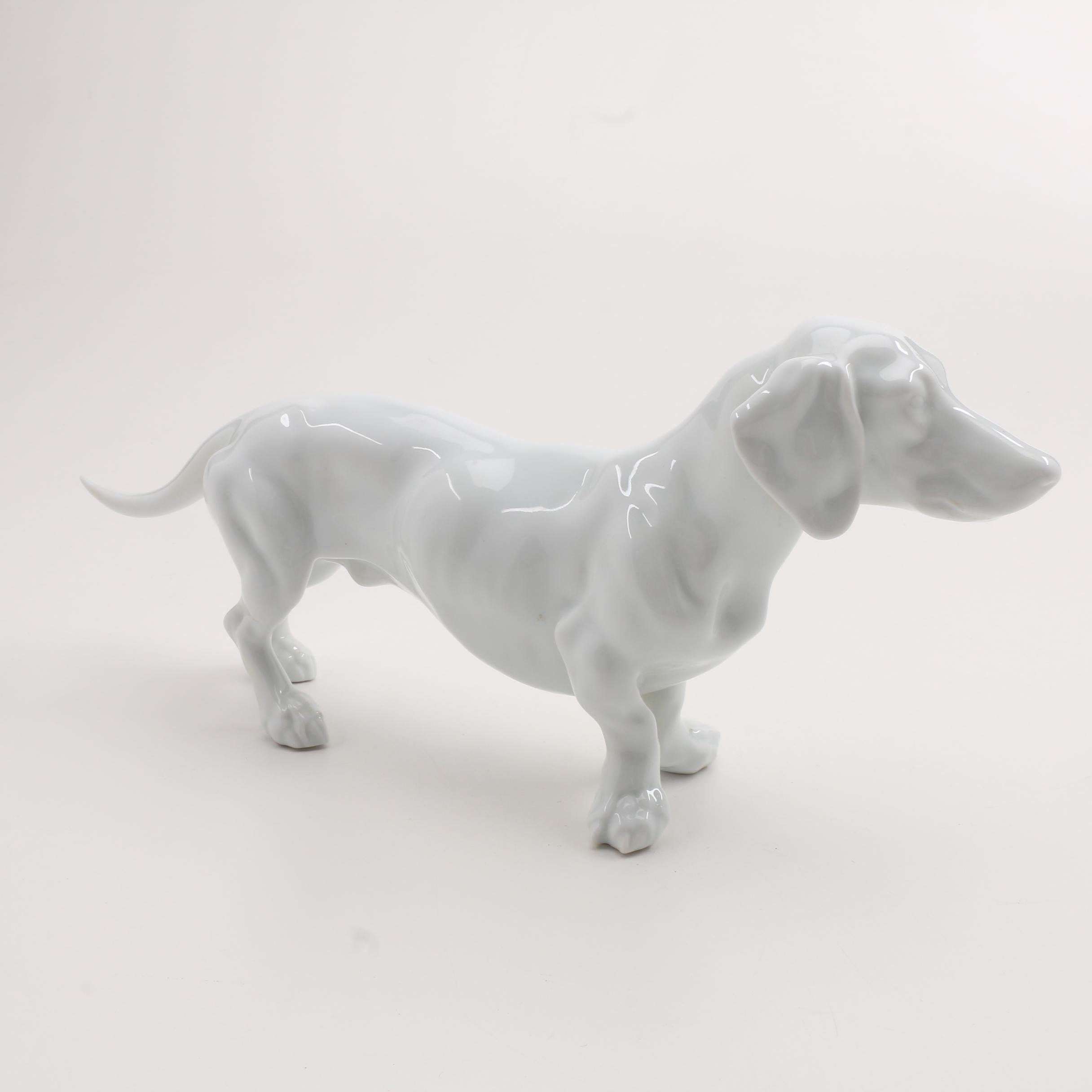 Herend Porcelain Dachshund Figure in Glossy White Glaze