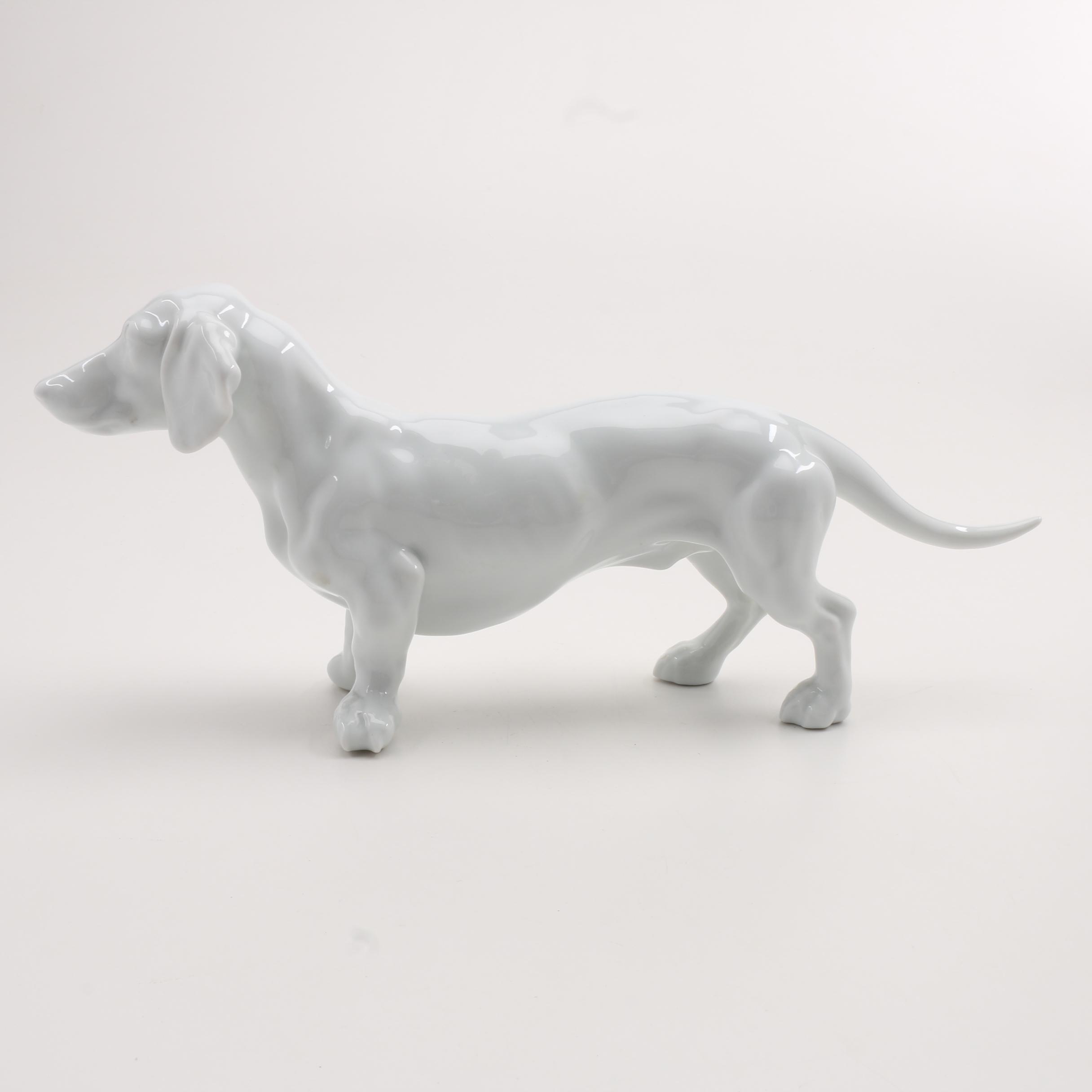Herend Porcelain Dachshund Figure in Glossy White Glaze