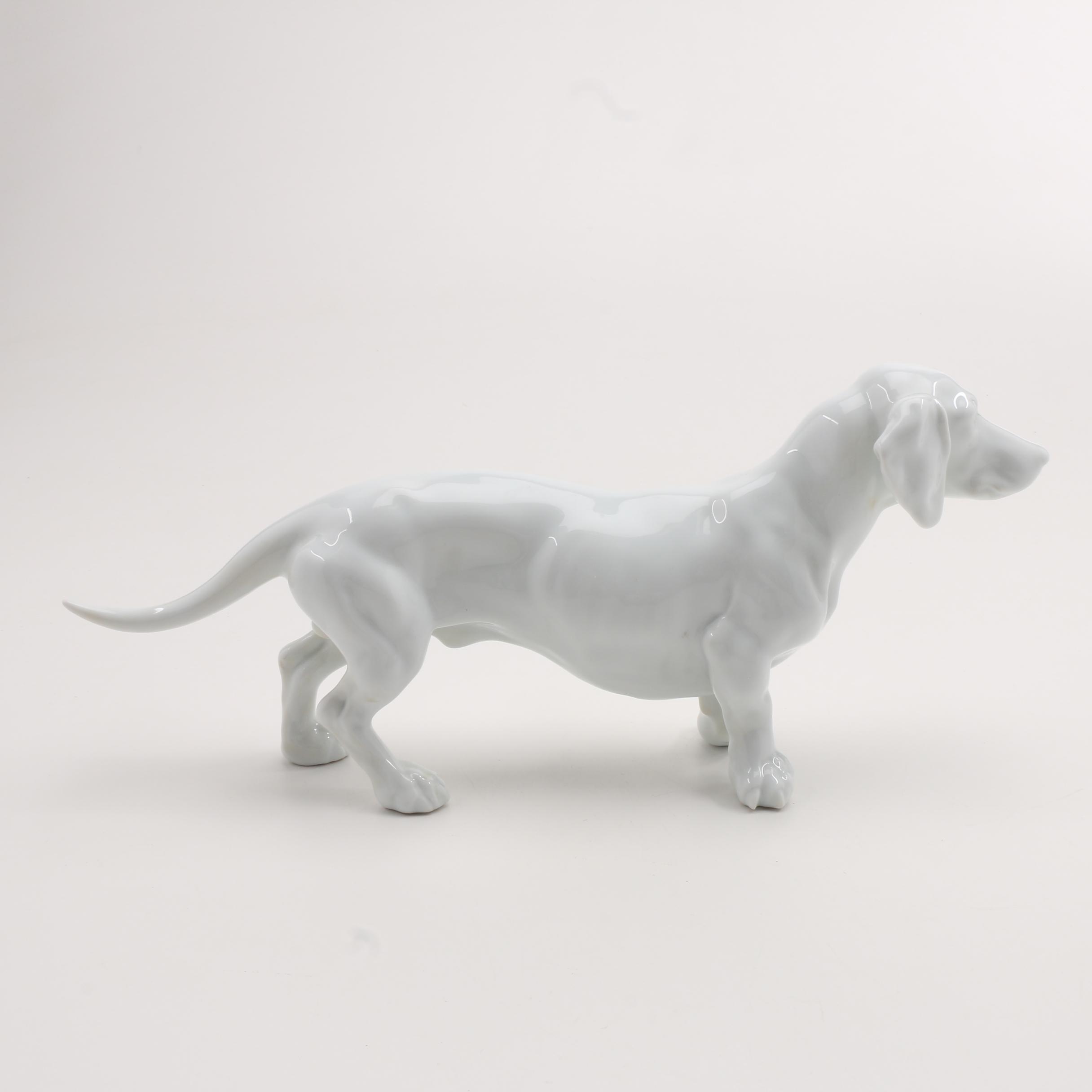 Herend Porcelain Dachshund Figure in Glossy White Glaze