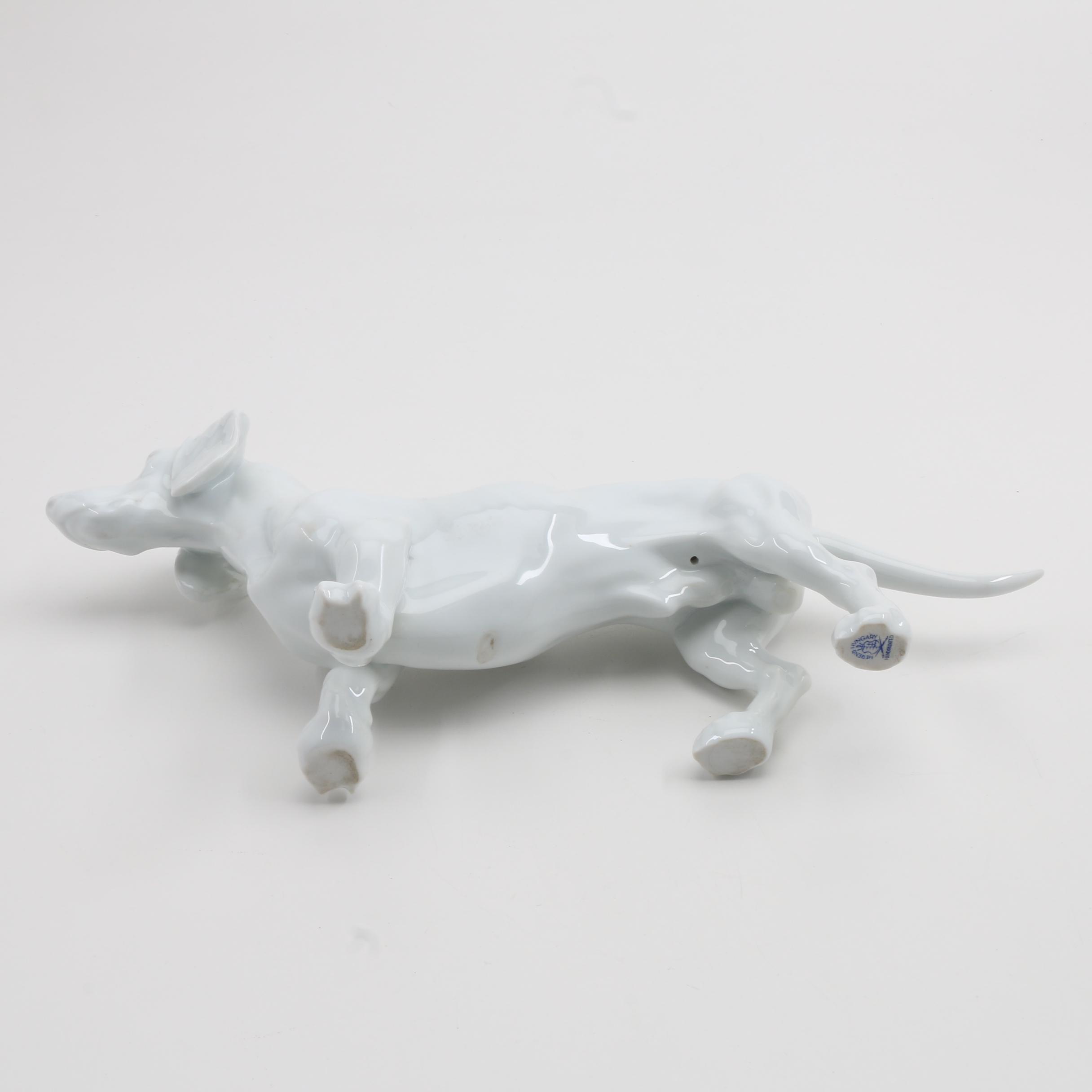 Herend Porcelain Dachshund Figure in Glossy White Glaze
