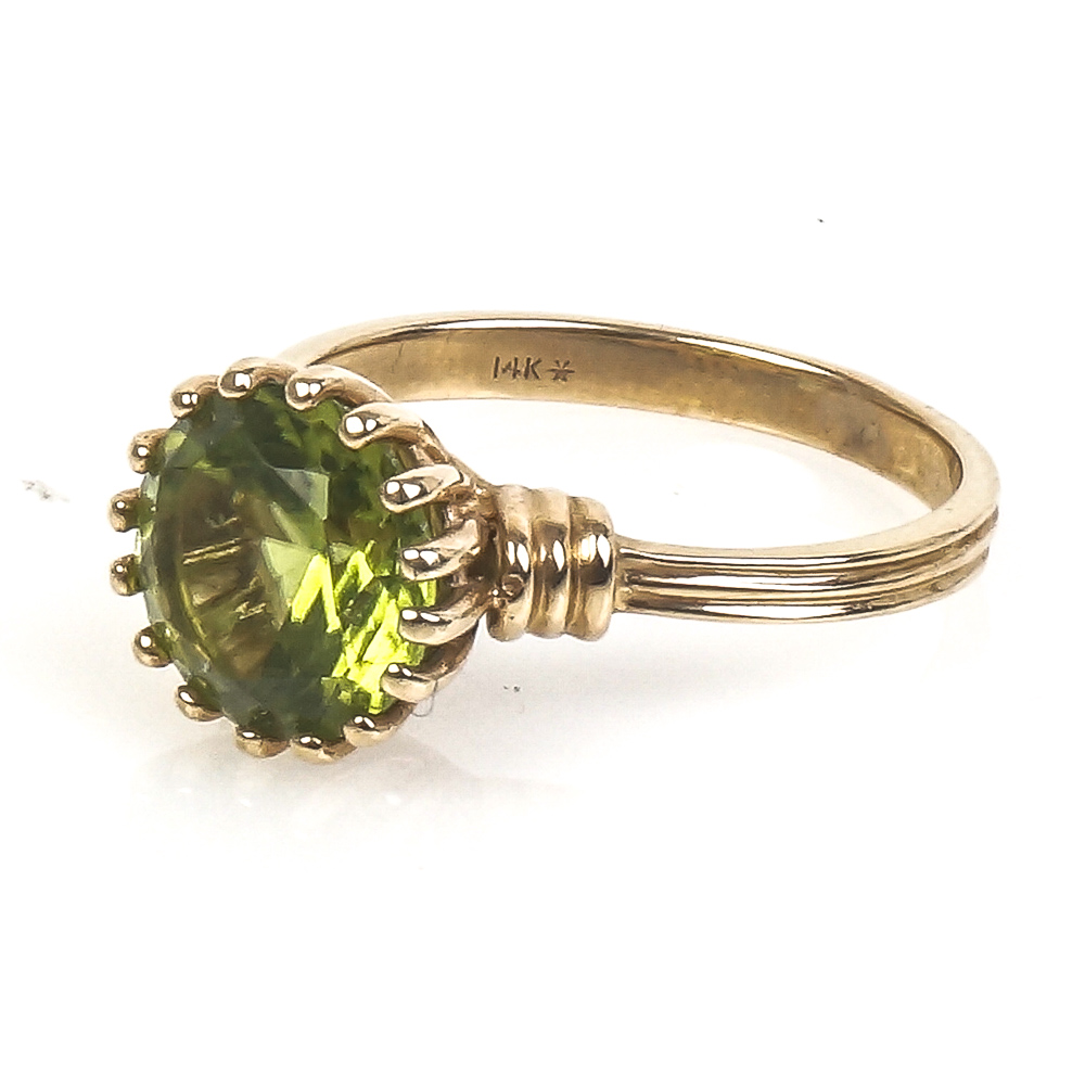 14K Yellow Gold and 2.00 CTS Peridot Solitaire Ring