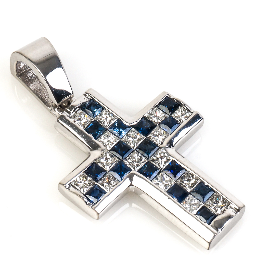 14K White Gold, 1.12 CTW Princess Cut Diamond, and Sapphire Cross Pendant