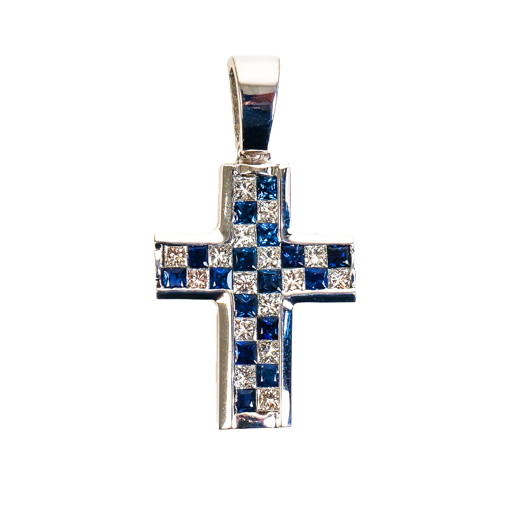 14K White Gold, 1.12 CTW Princess Cut Diamond, and Sapphire Cross Pendant