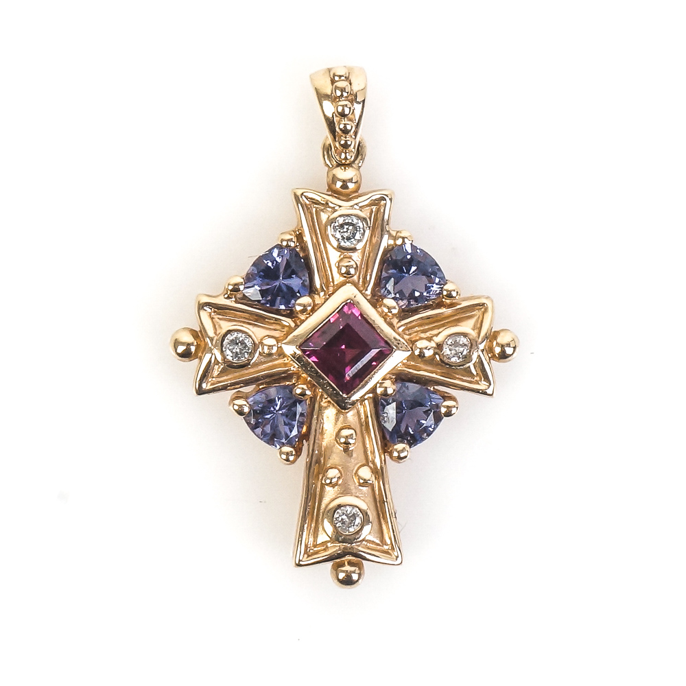 14K Yellow Gold, Diamond, Garnet, and Iolite Cross Pendant
