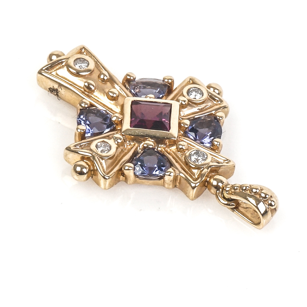 14K Yellow Gold, Diamond, Garnet, and Iolite Cross Pendant